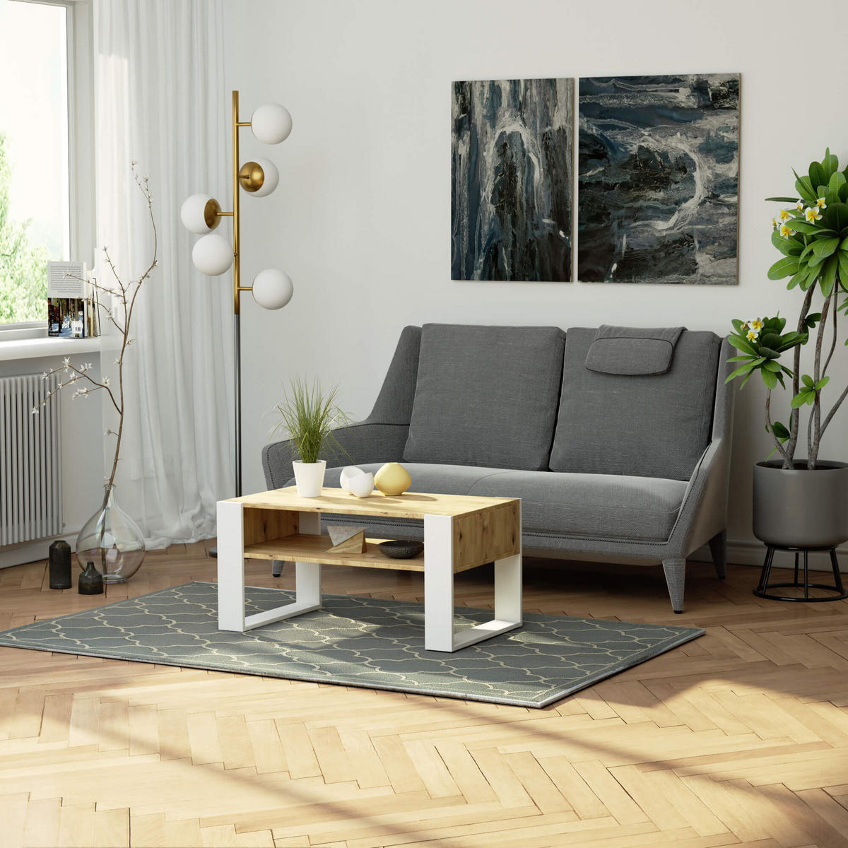 COUCHTISCH Eiche Artisan, Weiß 92 x 45 x 53 cm - Eiche Artisan/Weiß, Holzwerkstoff (53/92/45cm) - Akord