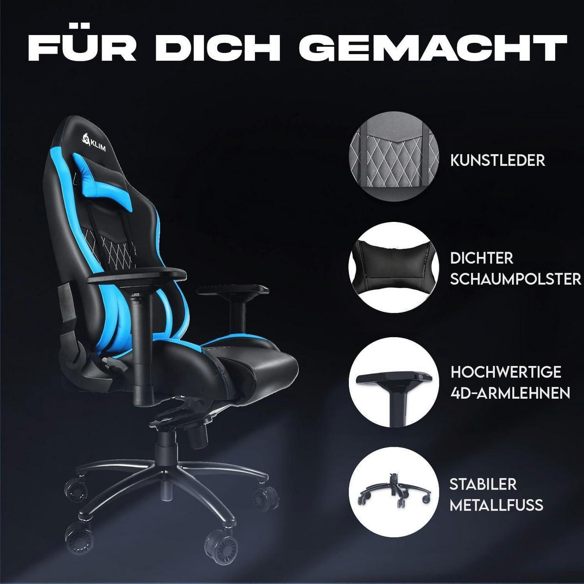 GAMING Stuhl mit 4D-Armlehnen und Kopf- & Lendenkissen Blau - Blau, Kunststoff (57/57/140cm)