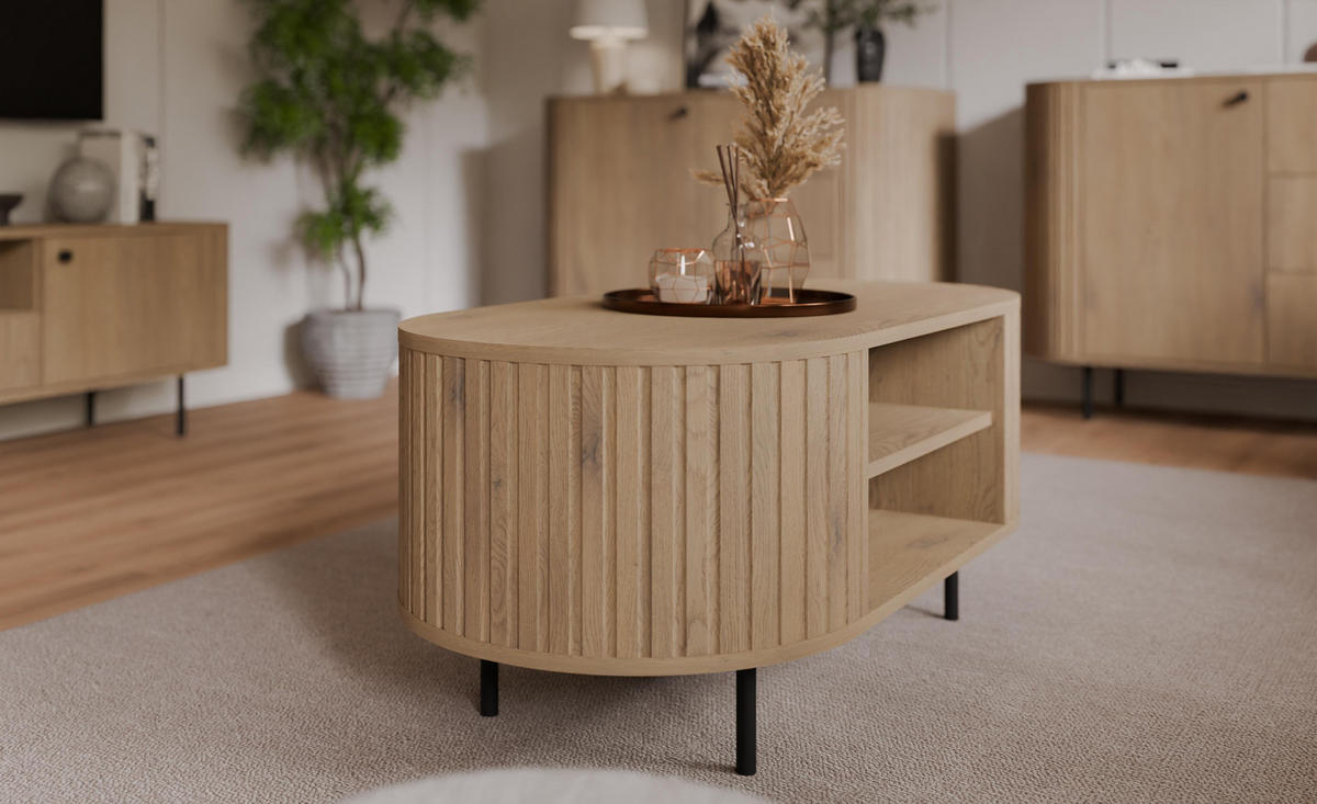 COUCHTISCH Halay Eiche Cremona, Moderne Rillenstruktur 100 cm, mit runden Kanten - Eichefarben/Schwarz, Holzwerkstoff/Metall (45/100/52cm) - AX Living