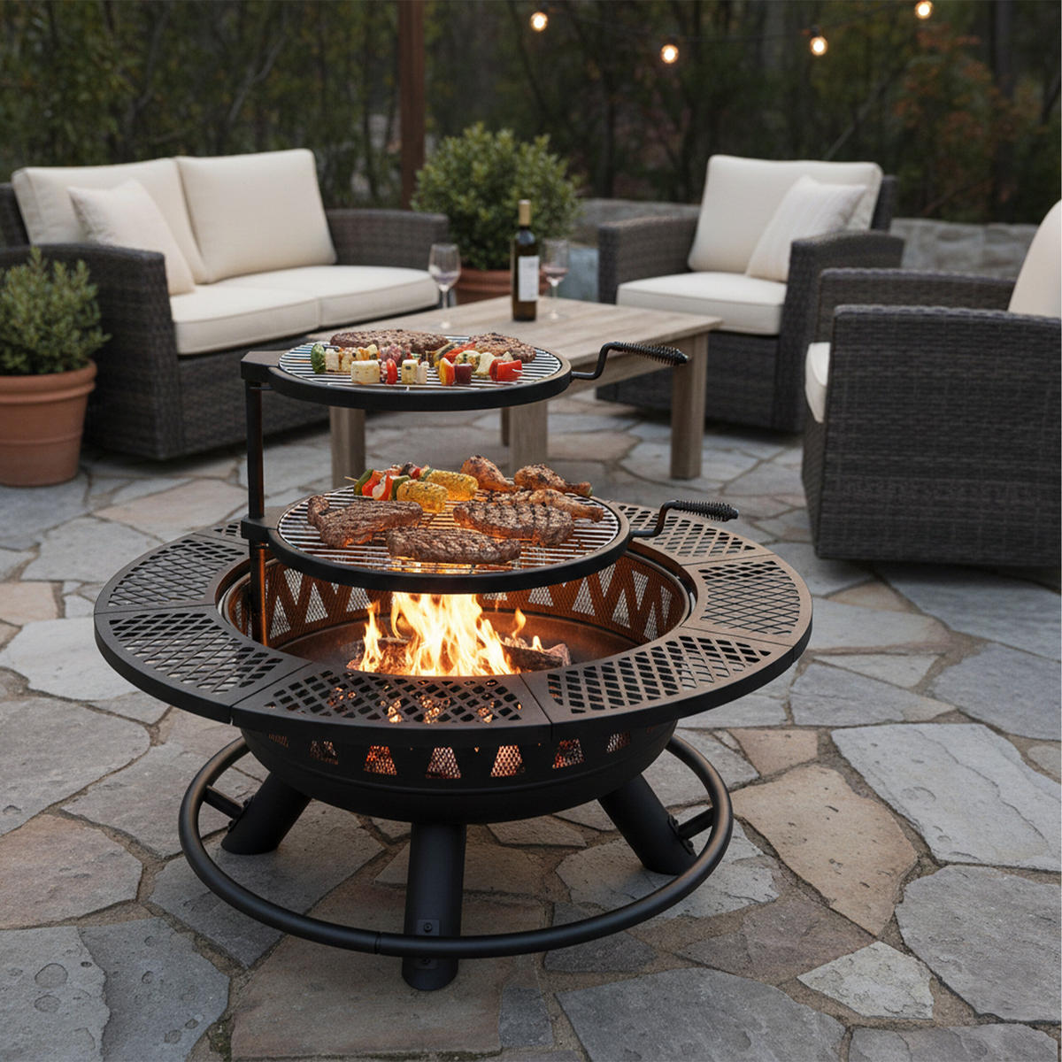 FEUERSCHALE Schwarz mit Deckel 92 cm - Schwarz, Metall (92/61/92cm) - Relaxdays