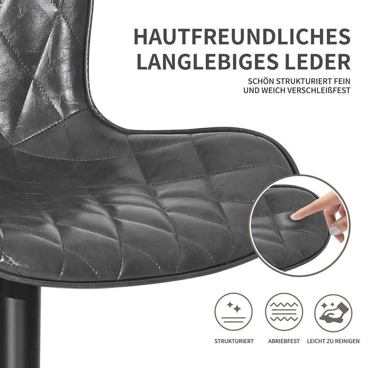 BARHOCKER 3er-Set dunkelgrau Leder mit Lehne und Fußstütze - Anthrazit, Leder (41/104/52cm)