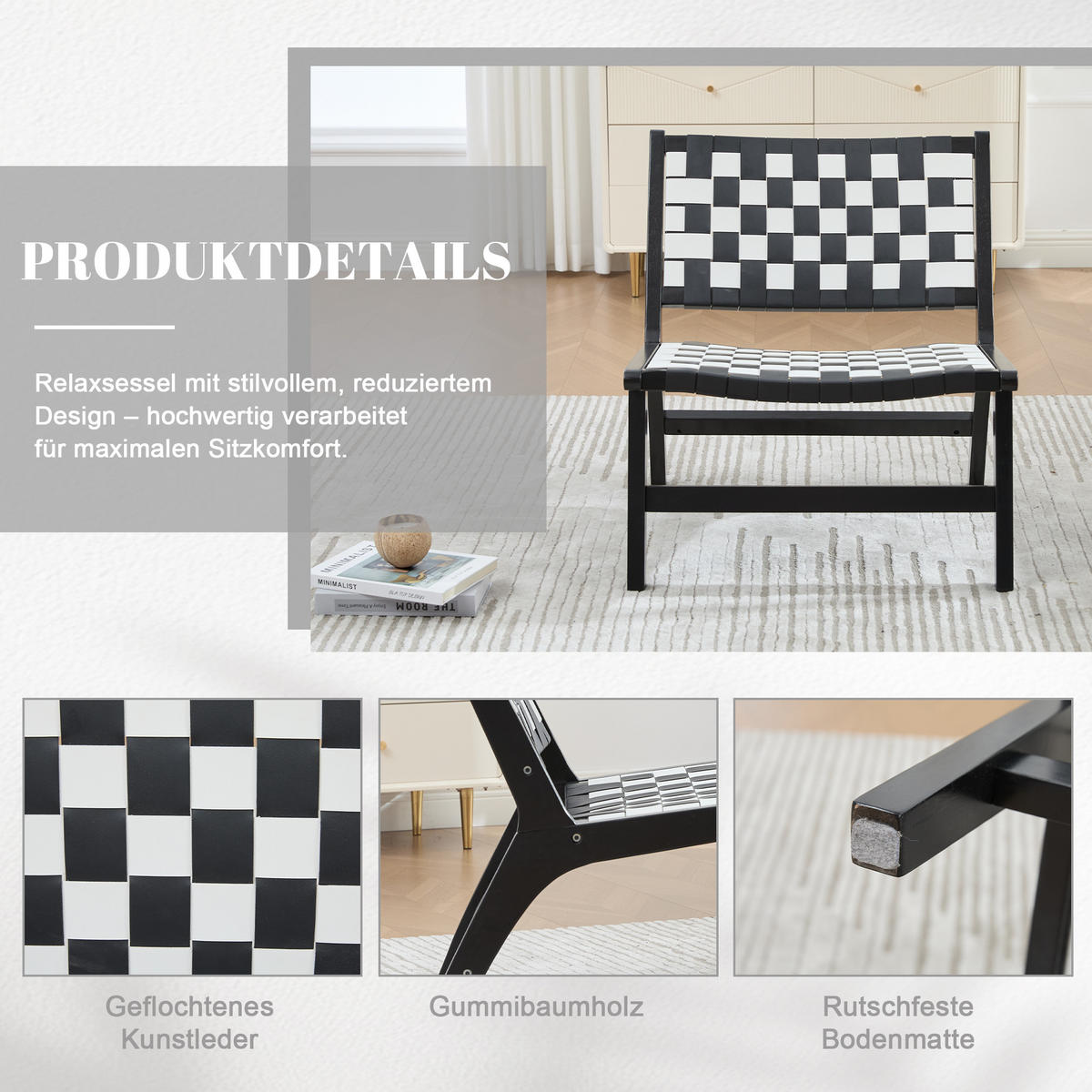 RELAXSESSEL mit Holzgestell, Kunstleder Flechtwerk, Breite Sitzfläche, Schwarz - Schwarz/Weiß, Holz (66/72/71cm) - LVHOM