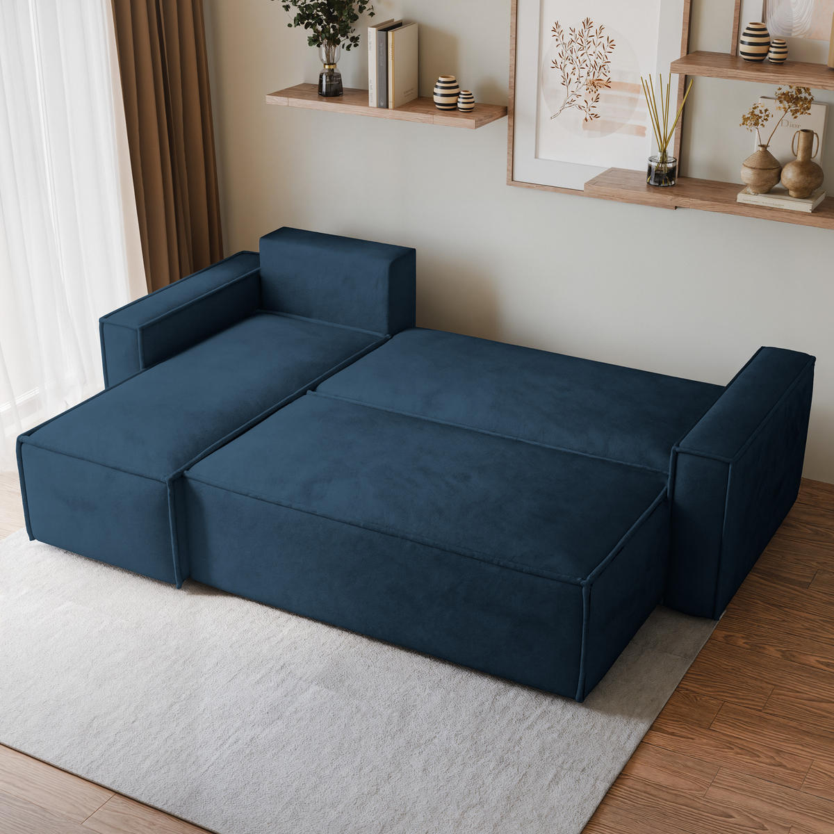 ECKSOFA RAVELO M Blau Velours-Stoff mit Schlaffunktion - Blau, Holz (240/140cm) - MASSENO