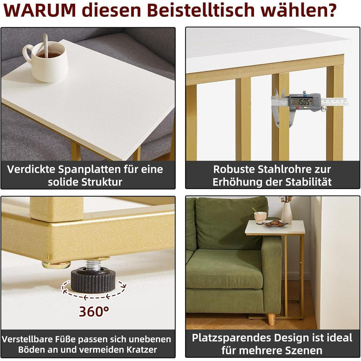 BEISTELLTISCH C-Form Weiß/Gold Metall - Multicolor, Metall (40/30/63cm)