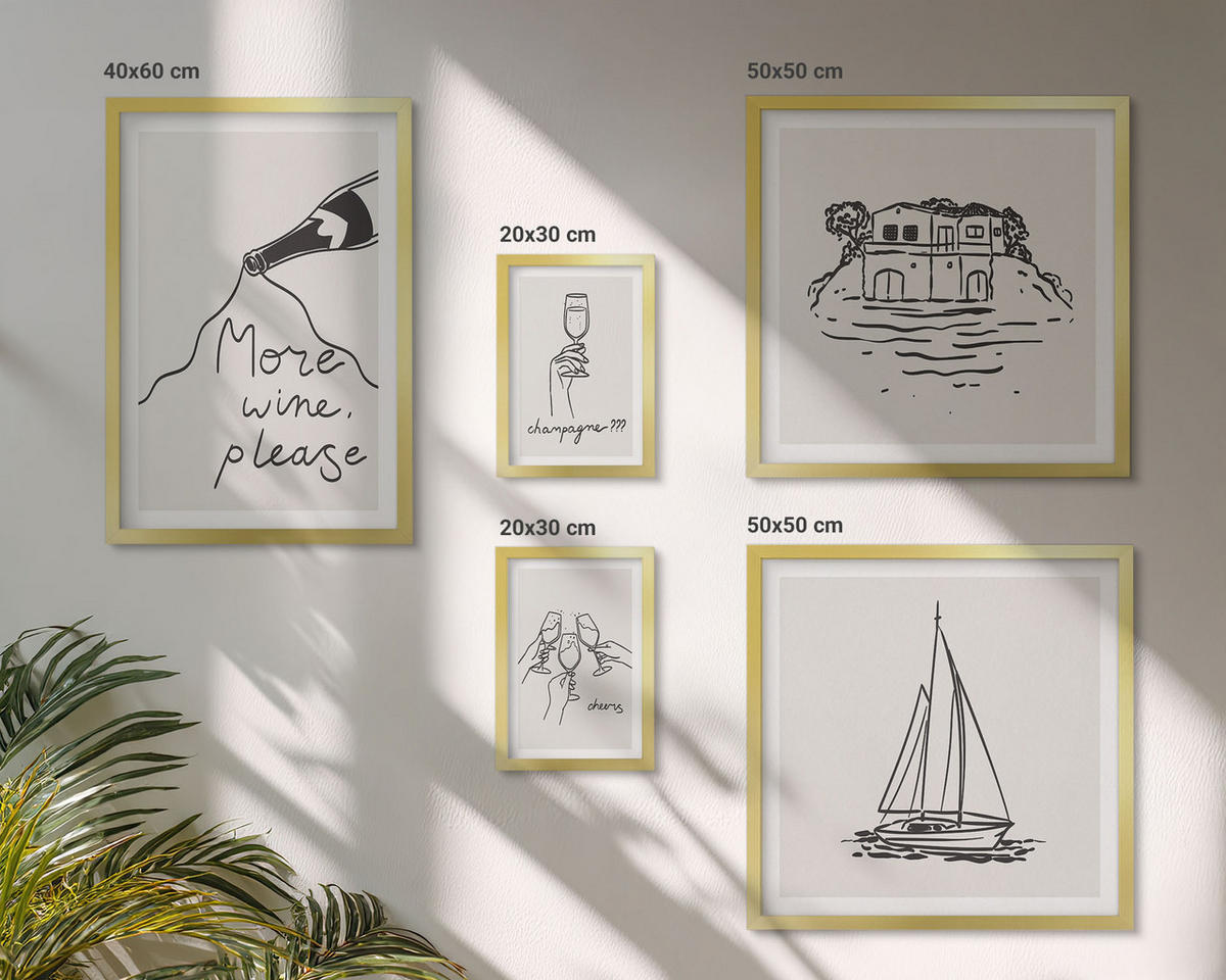 BILDER SET 5er Set - 50x50 cm & 20x30 cm & 40x60 cm Goldrahmen - Fröhliche Momente mit Champagner - Goldfarben, Kunststoff (40/60cm) - TULUP