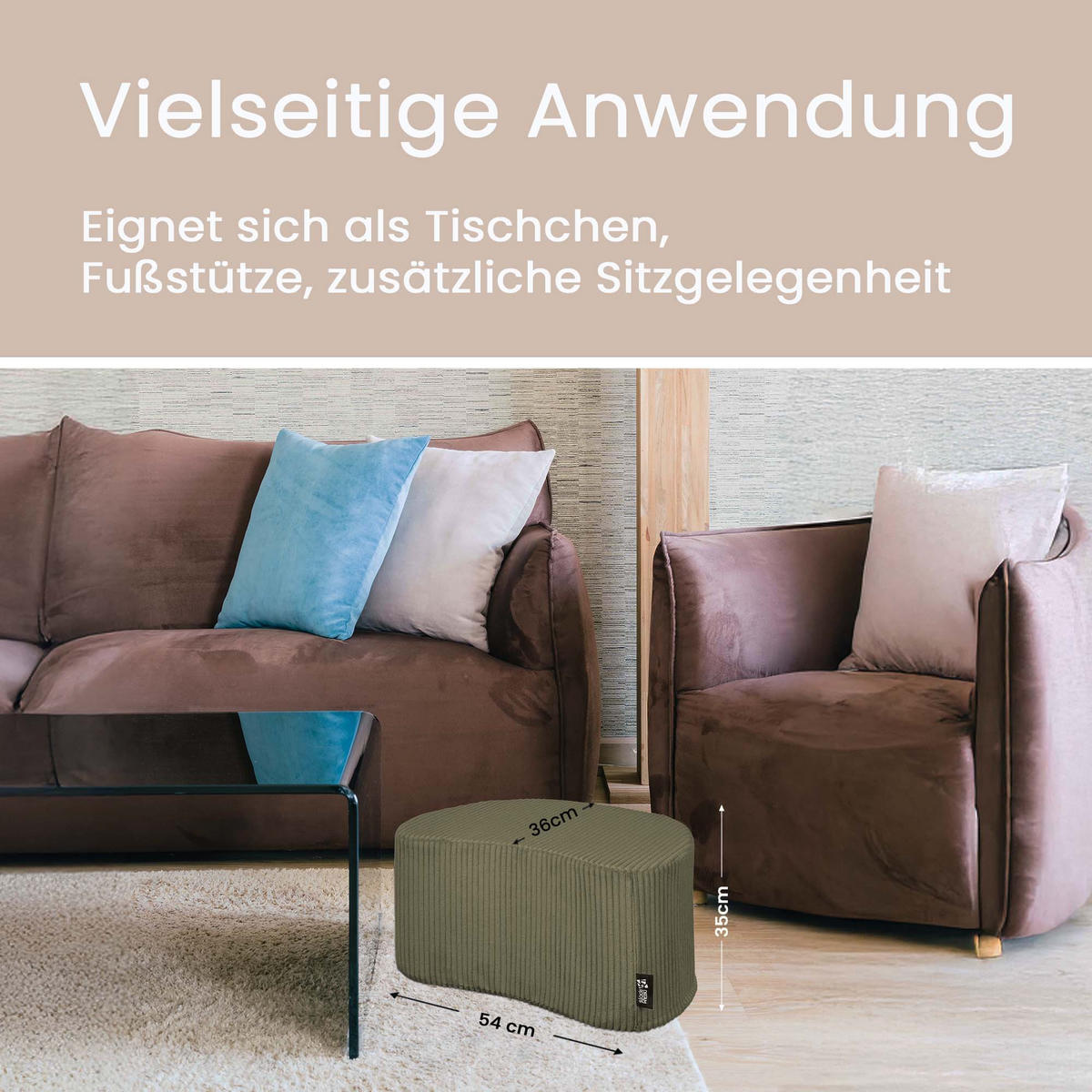 SITZSACK Halbmond 54/36/35 cm, weicher Cord 420 g/m², Olivgrün - Olivgrün, Textil (36/35/54cm) - Dreamroots