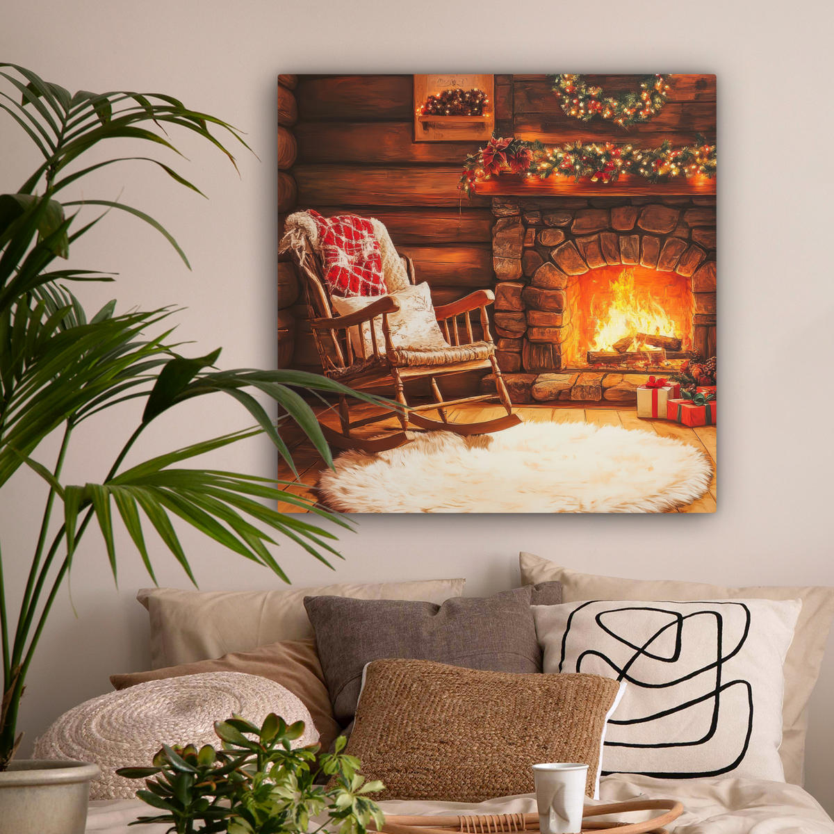 LEINWANDBILD Winter - Weihnachten - Zuhause - Kamin 90x90 cm - Bernsteinfarben, Textil (90/90cm) - MuchoWow