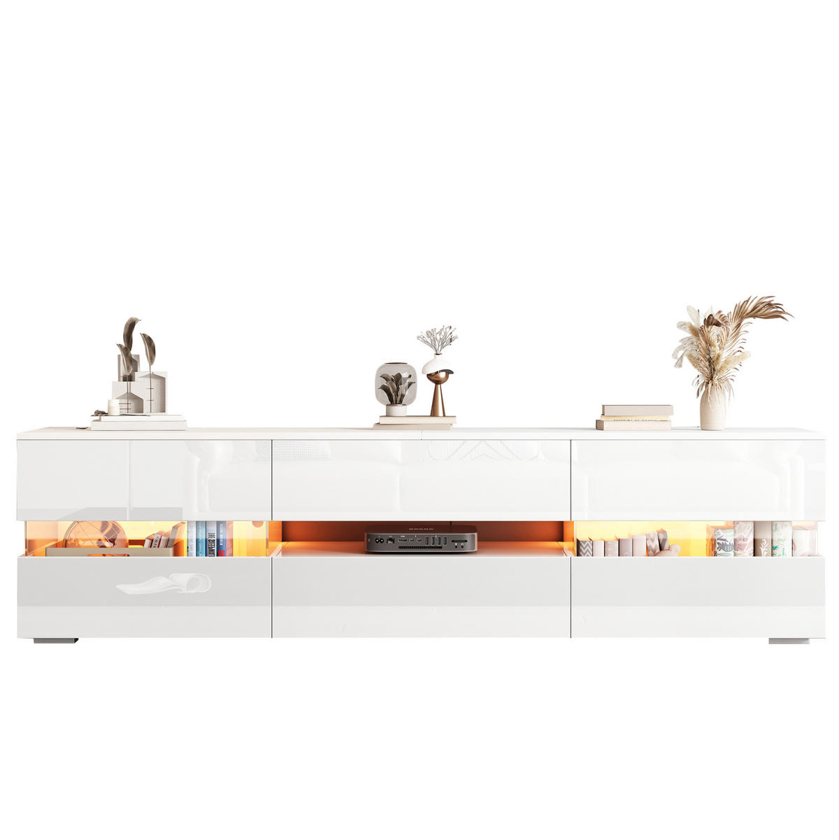 TV-LOWBOARD aus Spanplatte 160x39x45 cm Weiß mit LED-Beleuchtung, Drucköffnung und Hochglanzfront - Weiß, Holzwerkstoff (160/45/39cm) - Modfu