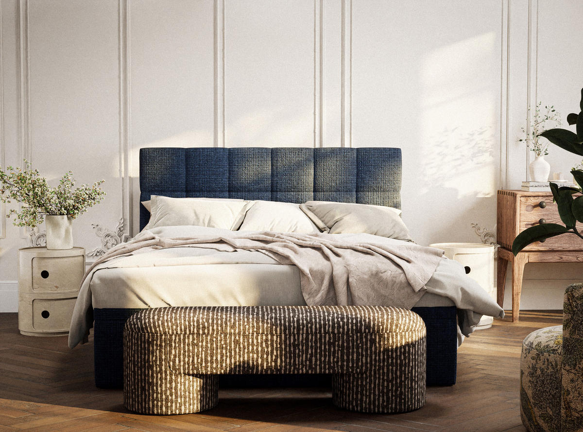 BOXBETT 140/200 cm Gotu M, in Marineblau, Matratze, gepolstertes Kopfteil, Bettkasten, H3 = fest - Schwarz/Dunkelblau, Holz/Holzwerkstoff (140/200cm) - Maison de Reve