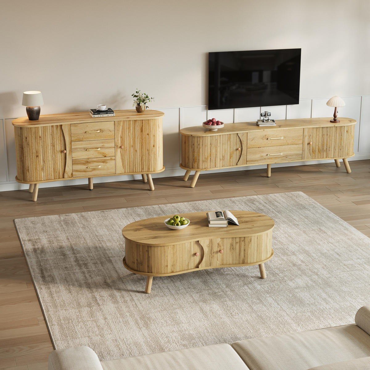 SET LIVING 3 piese masă TV și bufet - culoare naturală, compozit lemnos (160/55/36.5cm) - FLIEKS