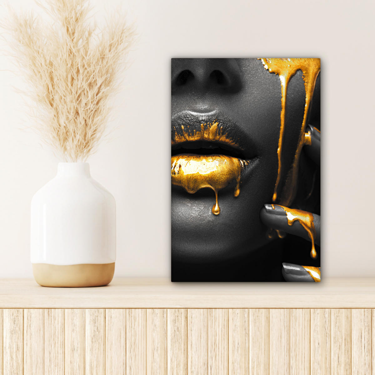 LEINWANDBILD Frau - Schwarz - Gold - Gesicht - Lippen 20x30 cm - Goldfarben, Textil (20/30cm) - MuchoWow