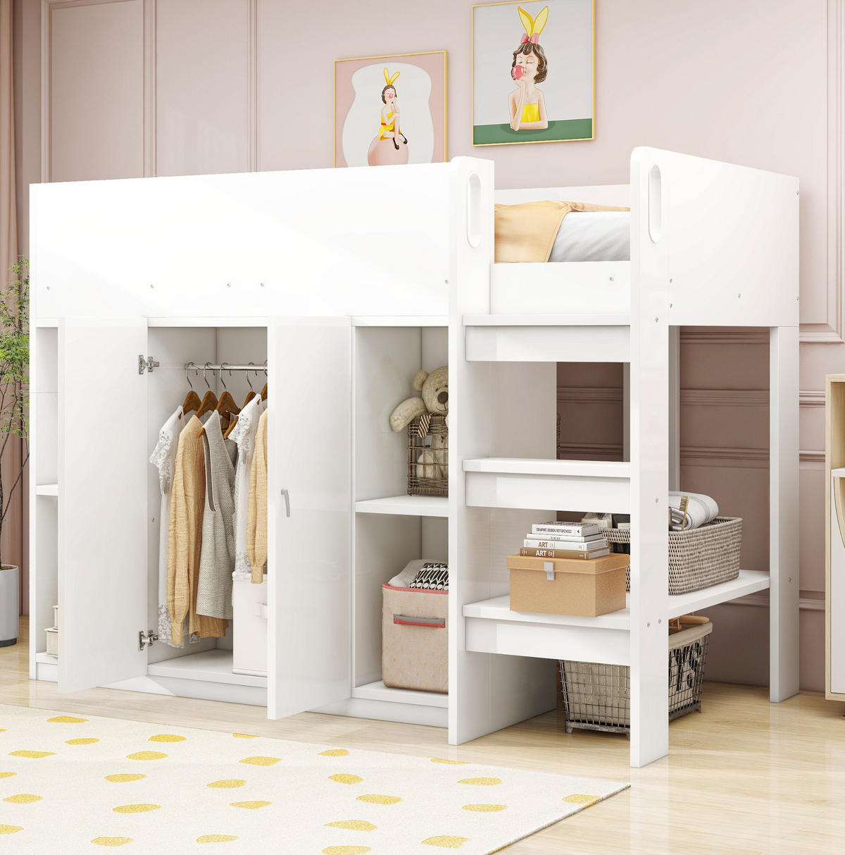 HOCHBETT 90/200 cm mit Leiter, Schrank und Regalen aus Holzwerkstoff, platzsparend mit Stauraum, Weiß/Grau - Weiß, Holzwerkstoff (90/200cm) - Redom