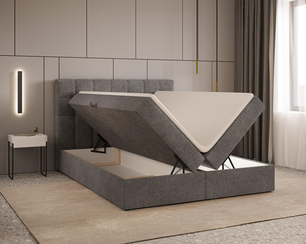 BOXBETT - Bett 05 OSLO - Aragon - 140x200 cm - mit Bettkasten und Komfort-Topper - Grau, Holz (140/200cm) - ROYAL24_MARKT