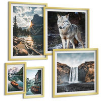 BILDER SET 5er Set - 50x50 cm & 20x30 cm & 40x60 cm Goldrahmen - Berge, Seen, Wasserfall, Wolf - Goldfarben, Kunststoff (40/60cm) - TULUP