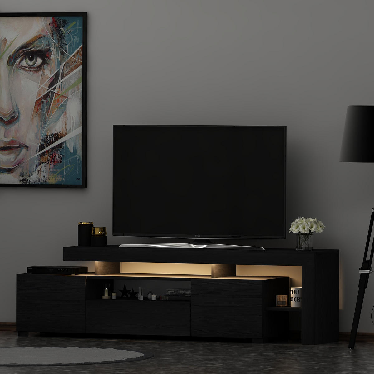 TV-LOWBOARD Schwarz mit LED Beleuchtung 9055 - Schwarz, Holzwerkstoff (192/53/37cm) - moebel17