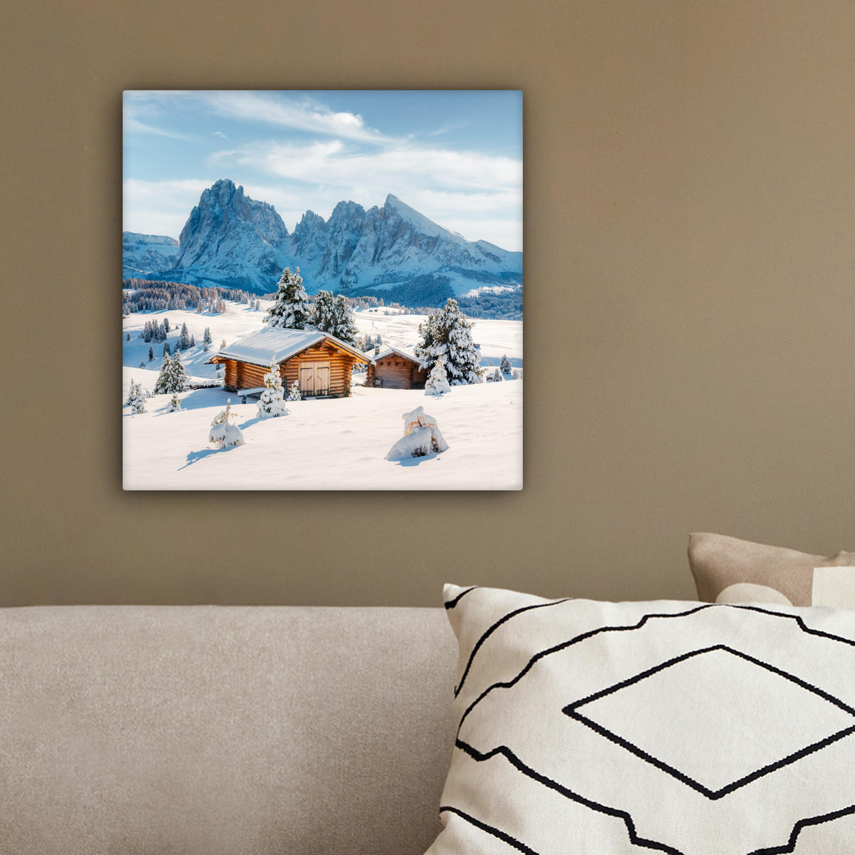 LEINWANDBILD Winter - Hütte - Berge - Aussicht - Schnee 20x20 cm - Eichefarben, Textil (20/20cm) - MuchoWow