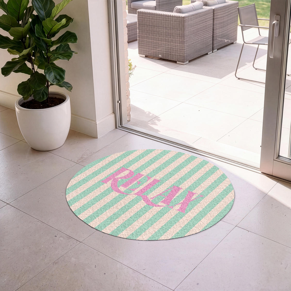 FUSSMATTE Rosa – Grün – Streifen – Entspannung 90x90 cm - Mintgrün, Kunststoff (90/0.4cm) - MuchoWow