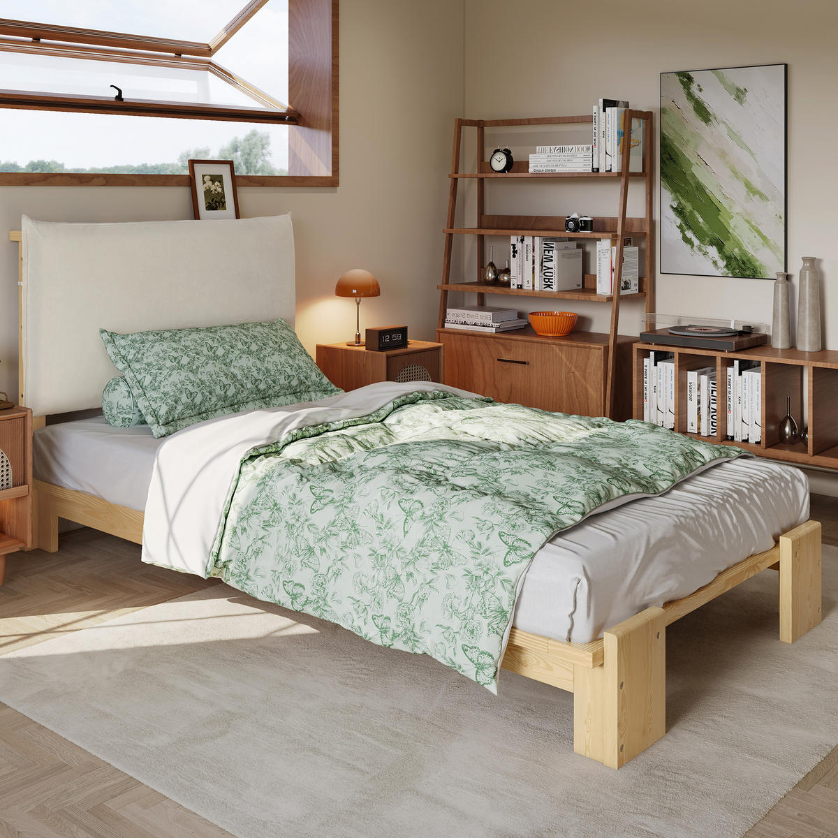 POLSTERBETT 90/200 cm natur aus Holz mit gepolsterter Rückenlehne - Naturfarben, Textil (90/200cm) - OKWISH