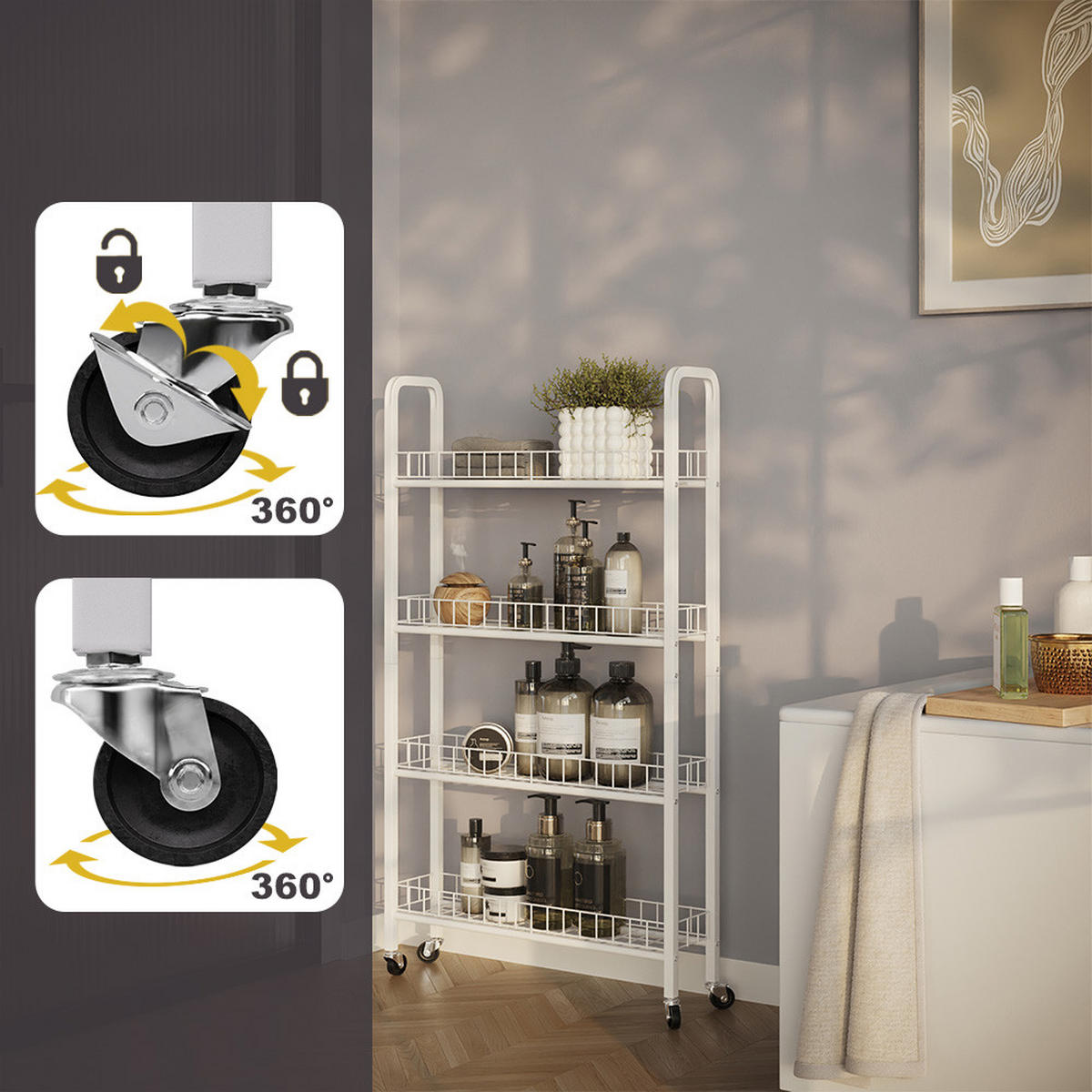 ROLLREGAL Rolivo Weiß 58 x 15 cm mit 4 Fächern - Weiß, Metall (58/103.5/15cm) - Vicco