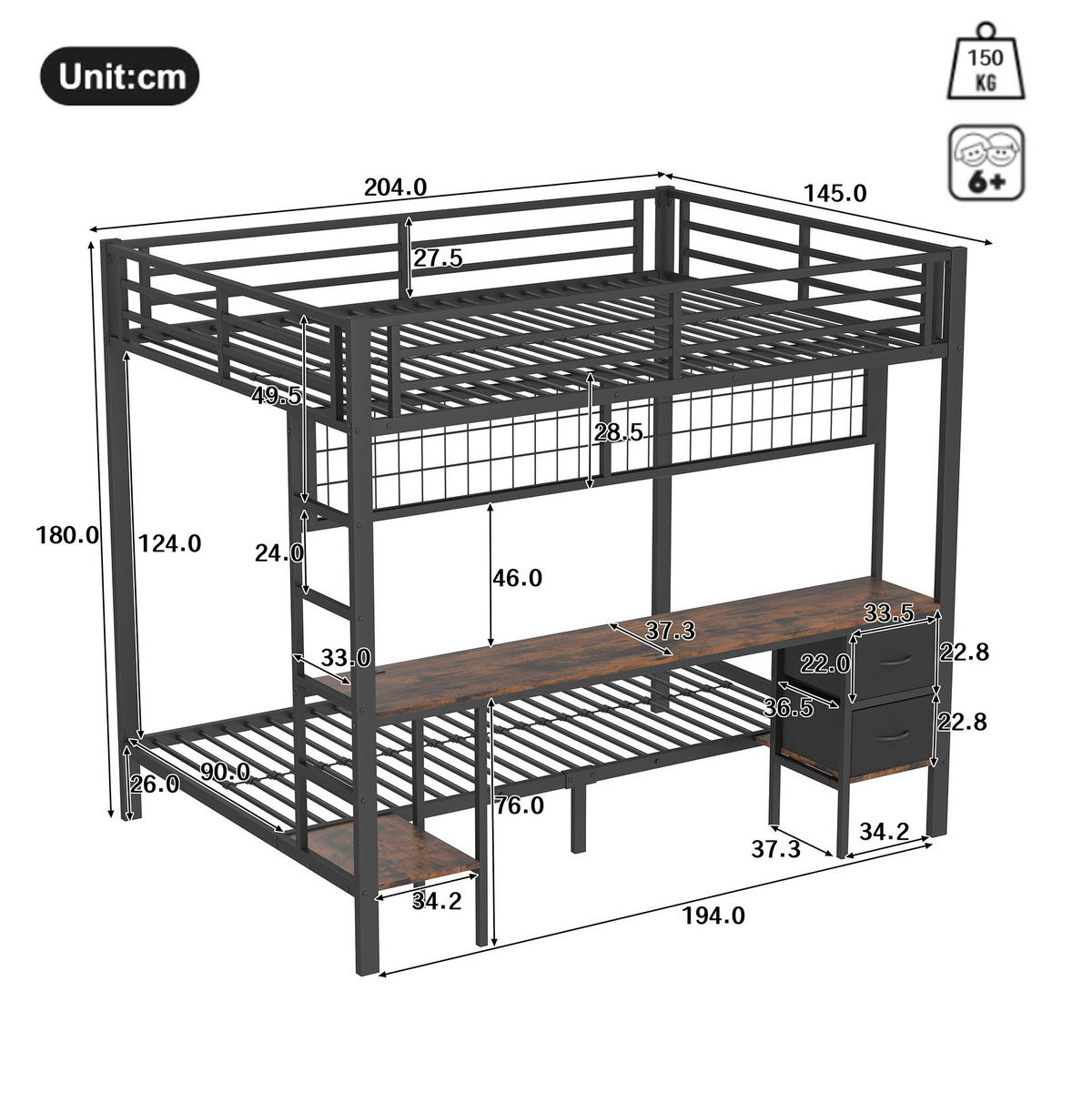 HOCHBETT 140/200 cm mit Schreibtisch, Schubladen, Regalen, Hängegitter, LED-Leiste und USB-Anschluss, Schwarz - Schwarz, Metall (140/200cm) - Redom