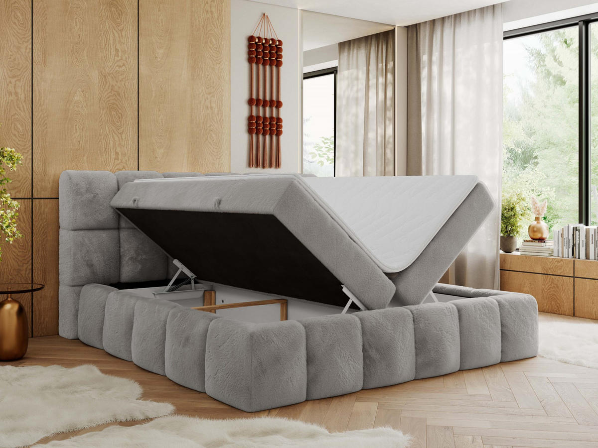BOXBETT NIRA 200/200 - Hellgrau Plüsch - H4 - Hellgrau, Holz/Textil (200/200cm) - MKS