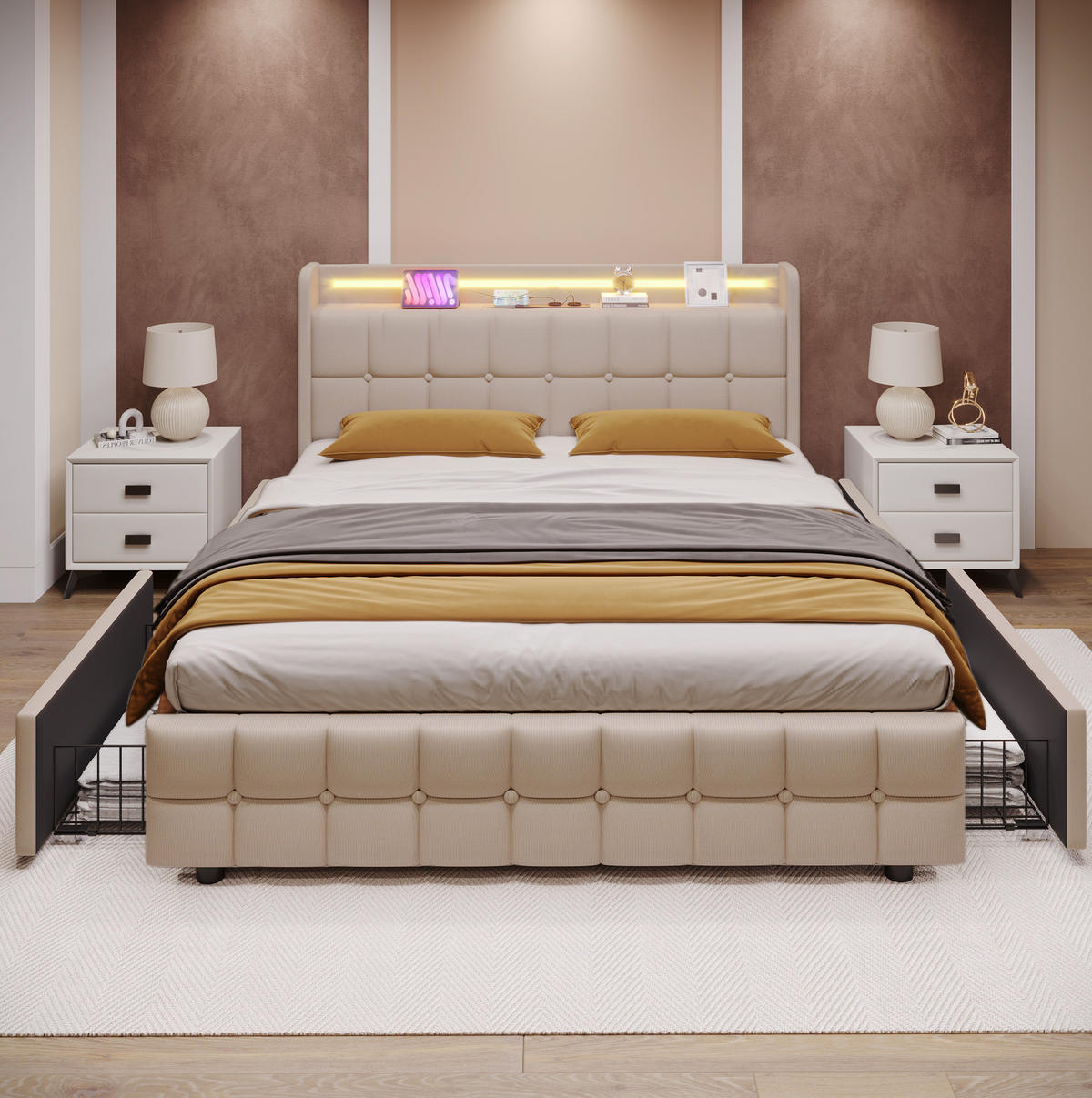 POLSTERBETT 140/200 cm mit Matratze,LED-Beleuchtung, USB-Anschlüssen, Steckdosen, 4 Schubladen, Beige - Beige, Holz (140/140cm) - Redom