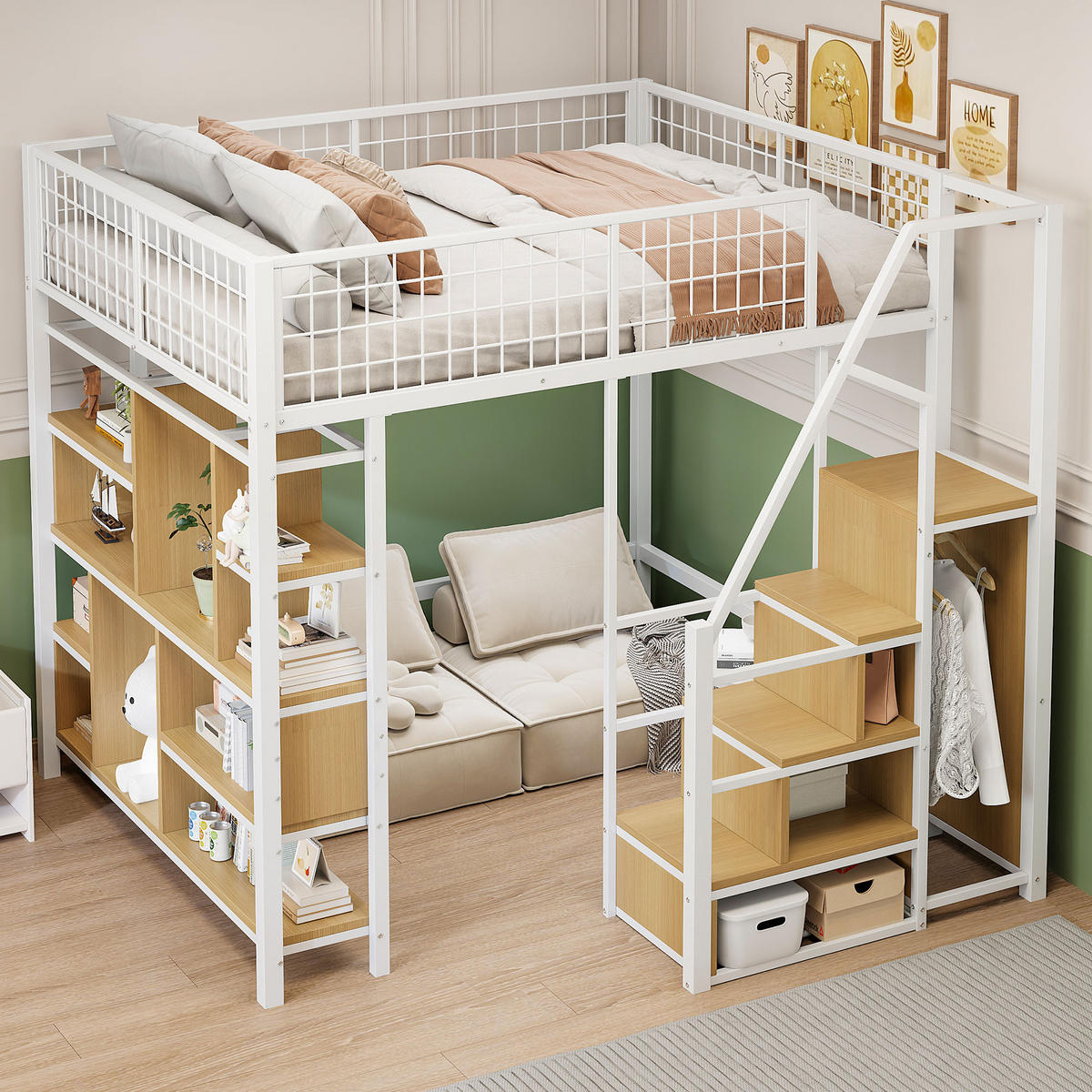 HOCHBETT 140/200 cm weiß Metallbett mit Stauraumtreppe und Ablageflächen - Weiß, Metall (140/200cm) - OKWISH