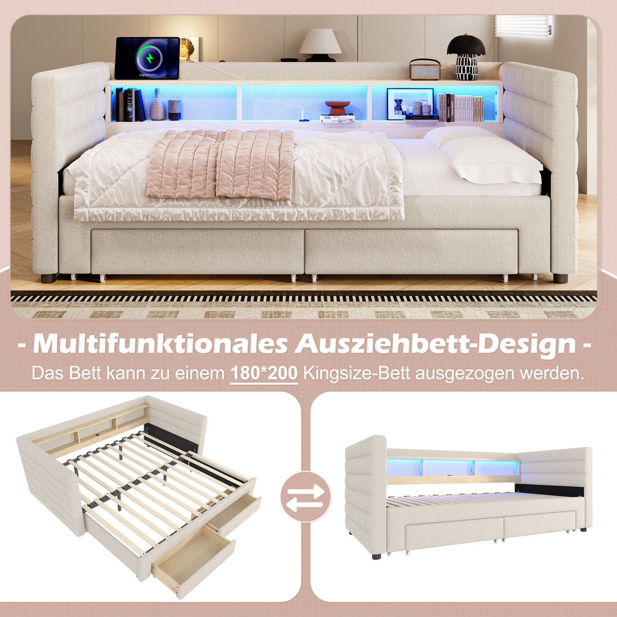 POLSTERBETT 90/190 cm Beige aus Samt mit Ausziehfunktion - Beige, Textil (90/190cm) - OKMYHOME