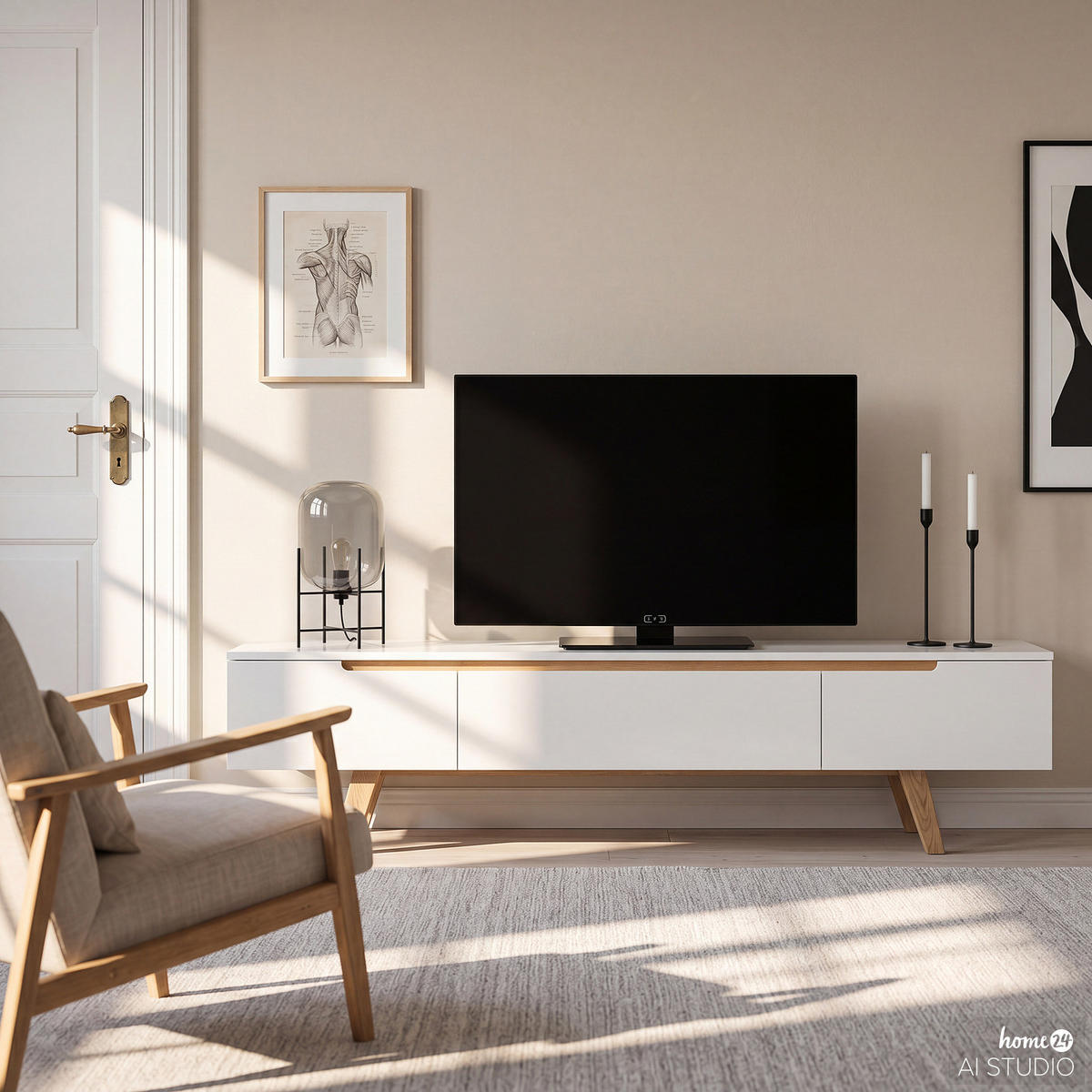 TV-LOWBOARD - Eiche teilmassiv - Weiß / Eiche - Weiß, Holz/Holzwerkstoff (180/45/42cm) - home24