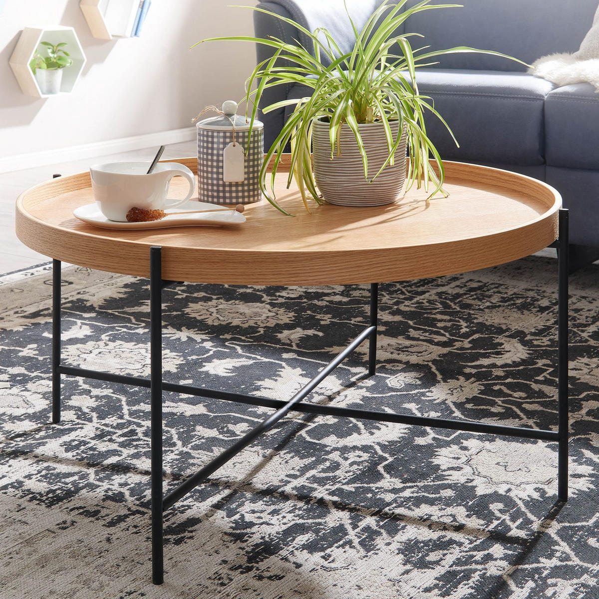 COUCHTISCH Eichenholz Furnier mit stabilem Metallgestell, Modernes zeitloses Design - Schwarz/Braun, Holz/Metall (78/78/40cm) - KADIMA DESIGN