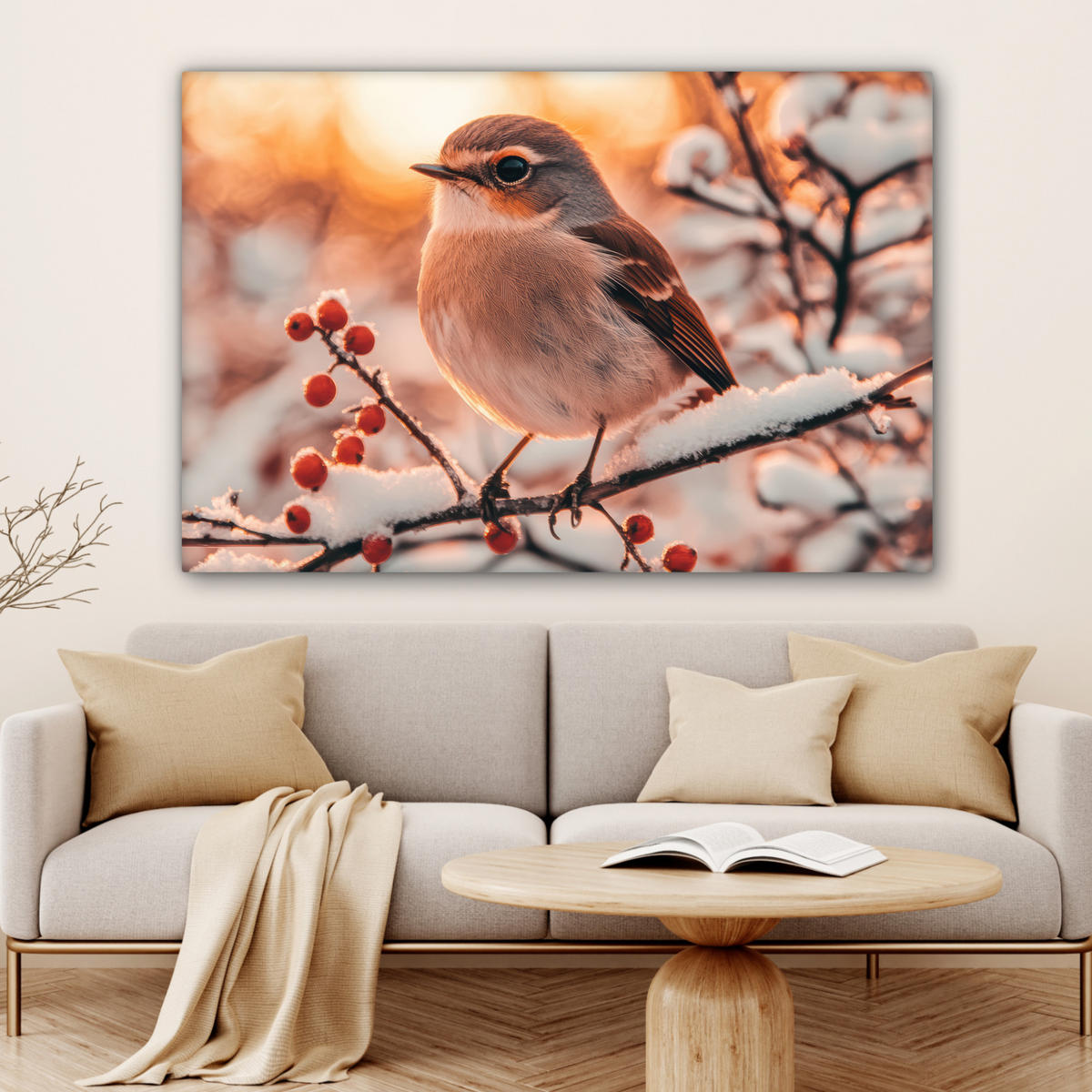LEINWANDBILD Vogel - Zweig - Winter - Tiere - Schnee Wohnzimmer 120x80 cm - Bernsteinfarben, Textil (120/80cm) - MuchoWow
