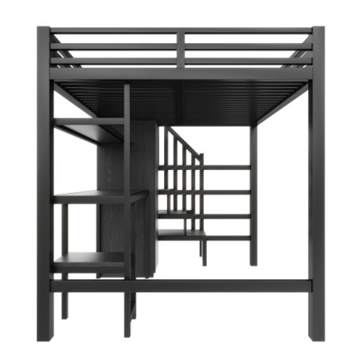 HOCHBETT 140x200 cm aus Metall & MDF mit Schreibtisch, Kleiderschrank und LED, schwarz - Schwarz, Holzwerkstoff (140/200cm) - Luhomfu