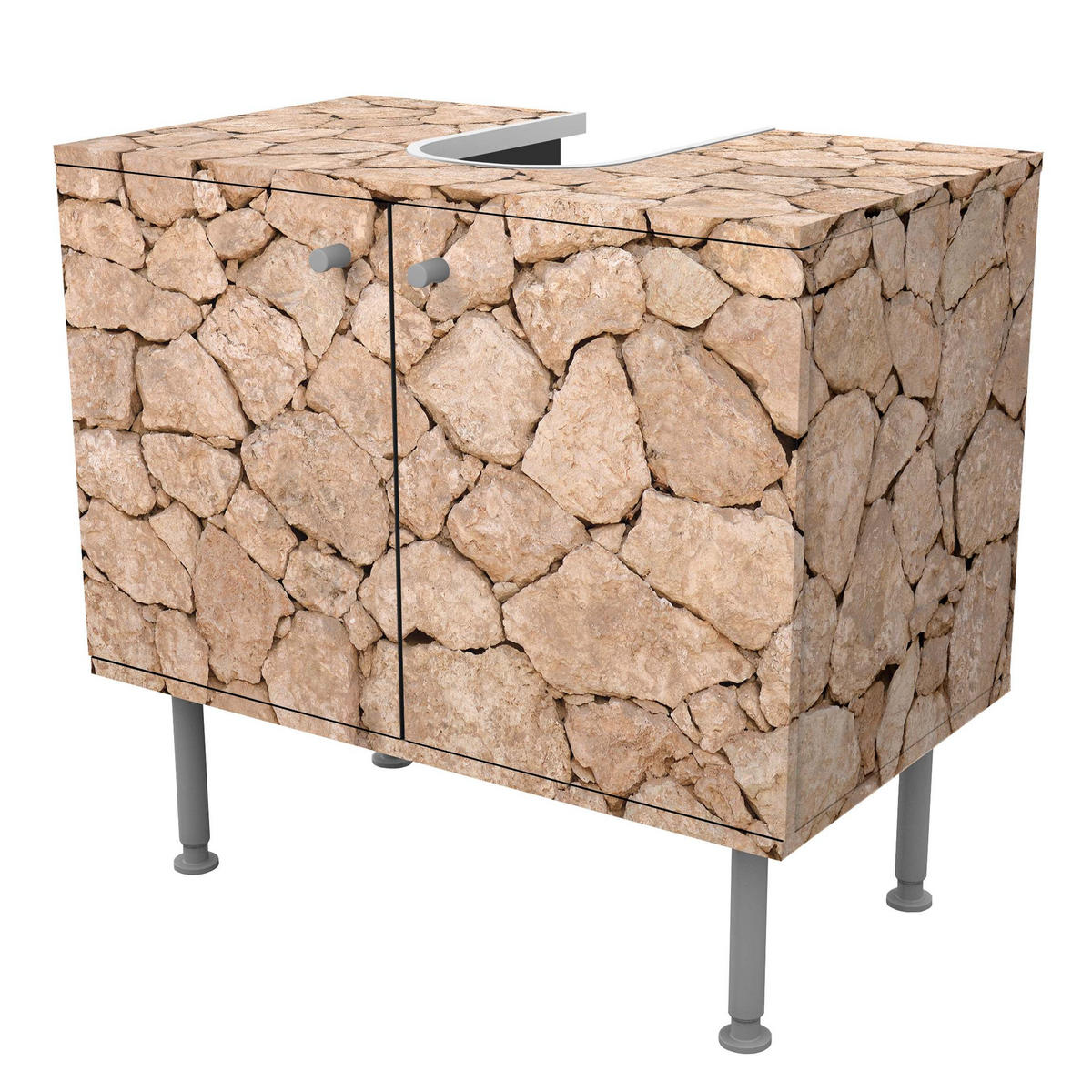 WASCHBECKENUNTERSCHRANK Apulia Stone Wall - Alte Steinmauer aus großen Steinen 60/55/35 cm - Braun, Holzwerkstoff (60/55/35cm) - Bilderwelten