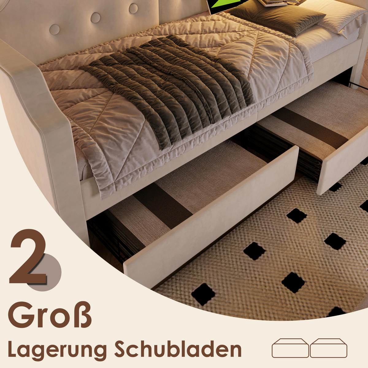 JUGENDBETT 90/200 cm in Beige Samt mit 2 Schubladen, USB und Leselampe - Beige, Holzwerkstoff/Textil (90/200cm) - WISHDOR
