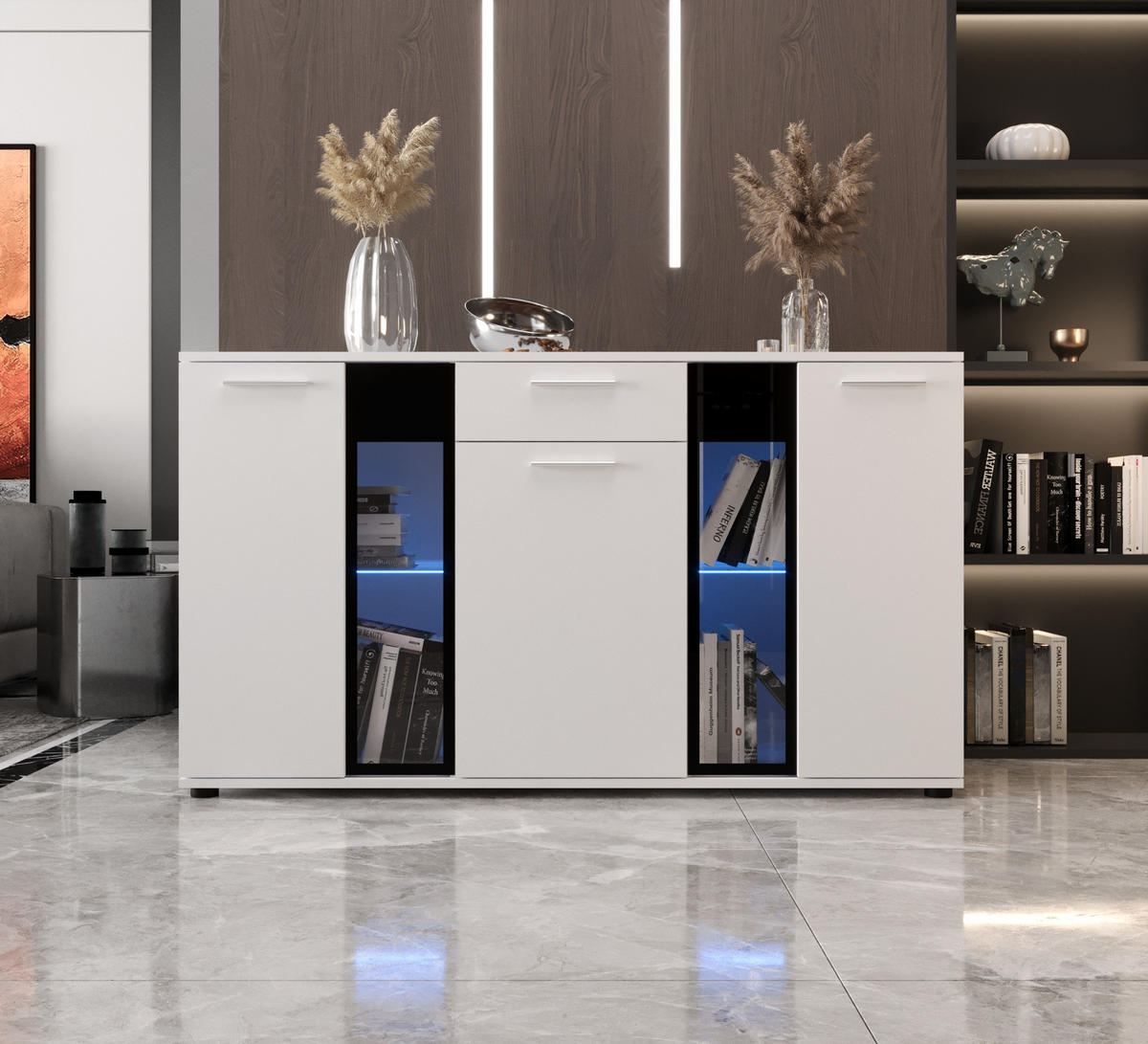 KOMMODE London LSK mit 3 Türen, Sideboard in Farbe: Weiß, Größe: 140 x 80 x 40 cm - Weiß, Holzwerkstoff (140/80/40cm) - O-Sofa