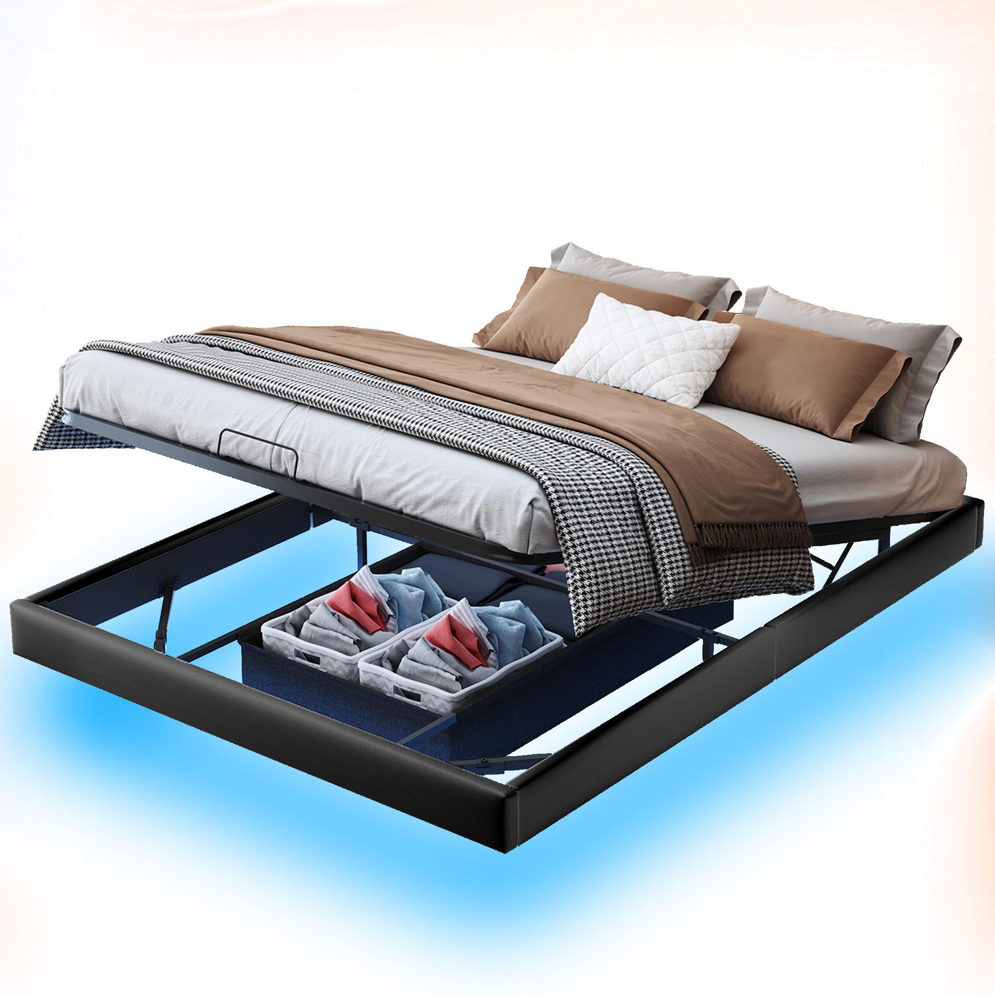 POLSTERBETT 160x200 cm, Schwarz, LED-Beleuchtung - Schwarz, Textil/Metall (160/200cm)