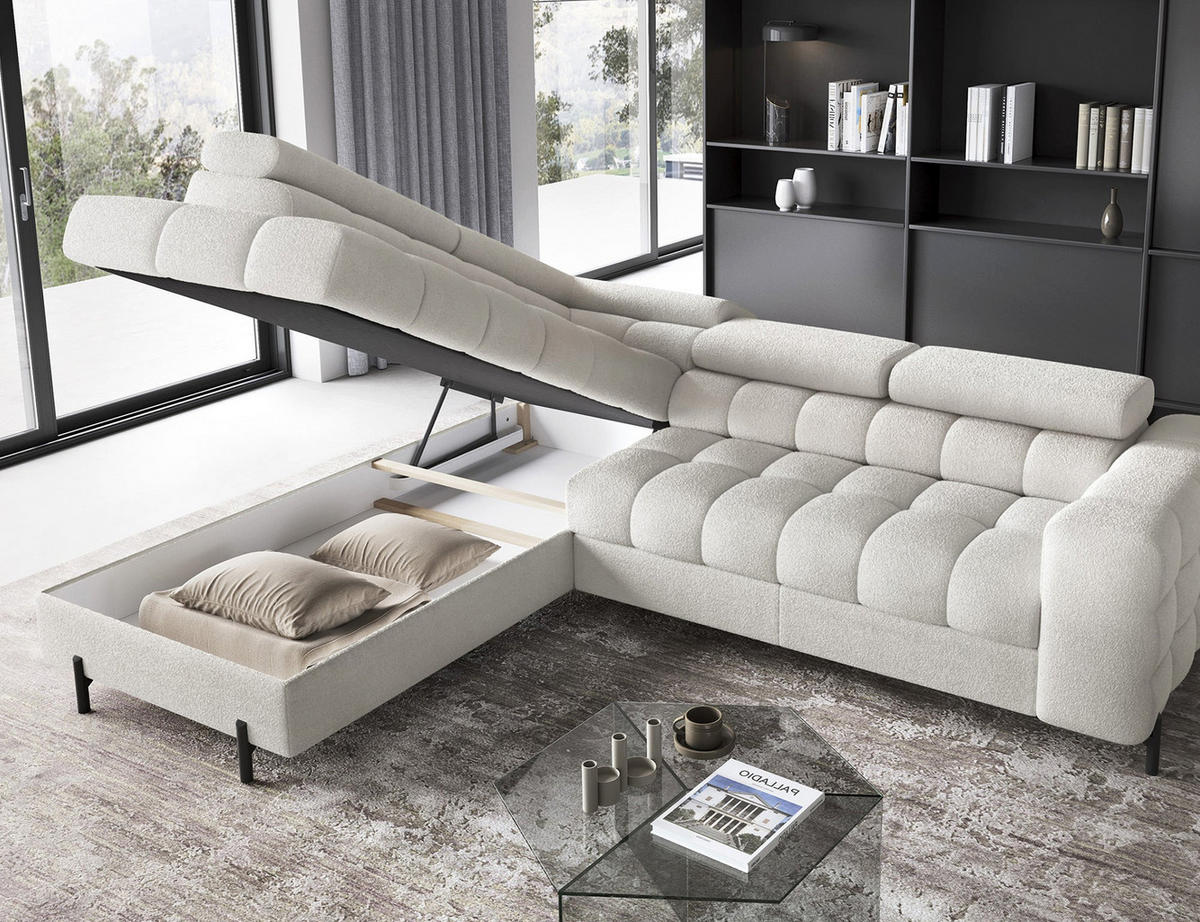 WOHNLANDSCHAFT FERUCCE Ecksofa L-Form – Polsterecke mit Schlaffunktion, Bettkasten & verstellbaren Kopfstützen 276 cm - Creme, Kunststoff (276/200cm) - Wohnideebilder