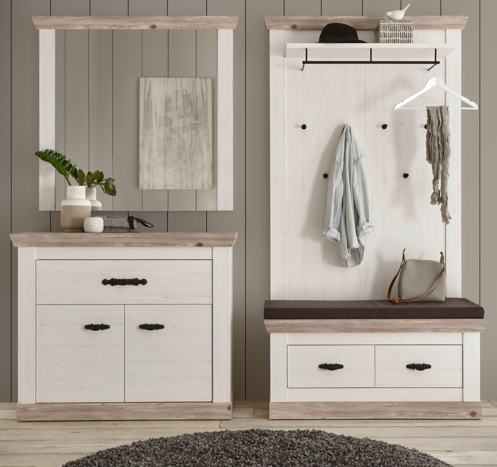 GARDEROBENKOMBINATION Pinie weiß, Oslo Pinie Landhaus, Garderobe Set 4-tlg., 224 x 201 cm - Anthrazit/Weiß, Holzwerkstoff/Metall (224/201/45cm) - Furn.Design