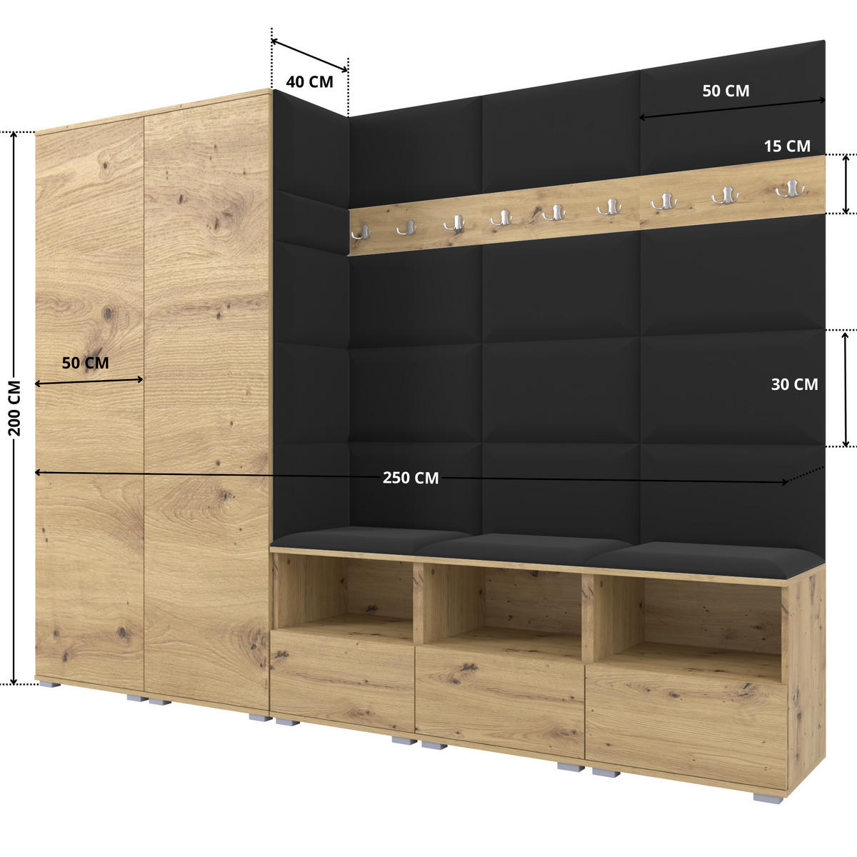 GARDEROBE NELA VII 250 cm (Modulare Flurmöbel XL Artisan Eiche mit Sitzpolster Schwarz 16 2 Schränke) - Silberfarben/Schwarz, Holz/Holzwerkstoff (250/187/40cm) - Ravio
