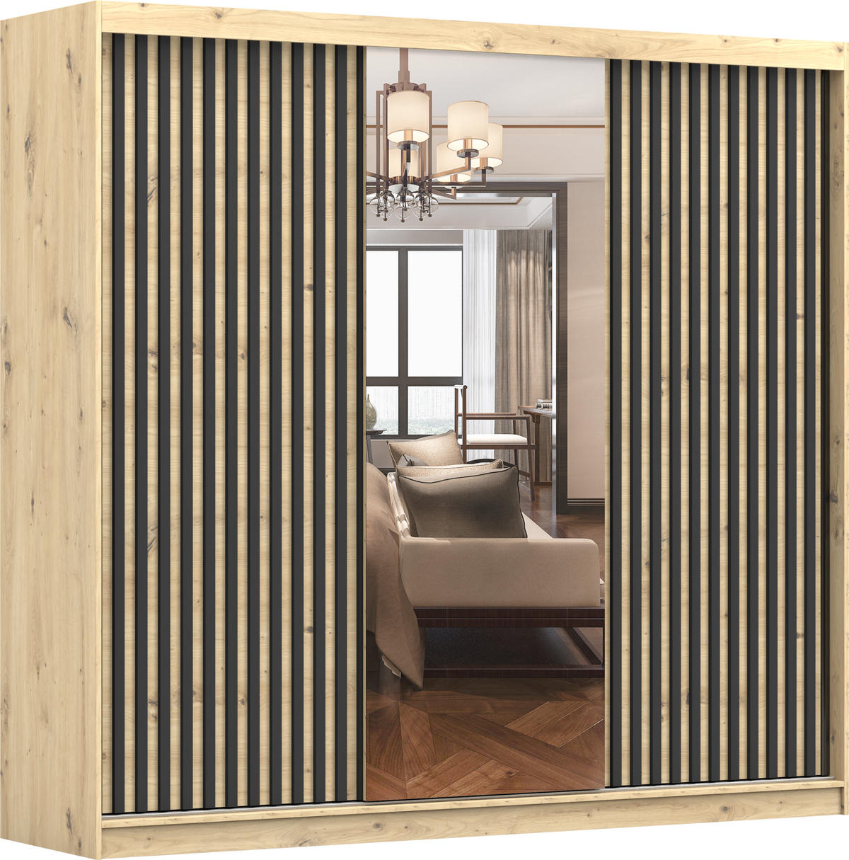 SCHIEBETÜRENSCHRANK - Vera 3D 233 - Schwarz/Eiche Artisan, Holzwerkstoff/Metall (233/218/61cm) - Möblo