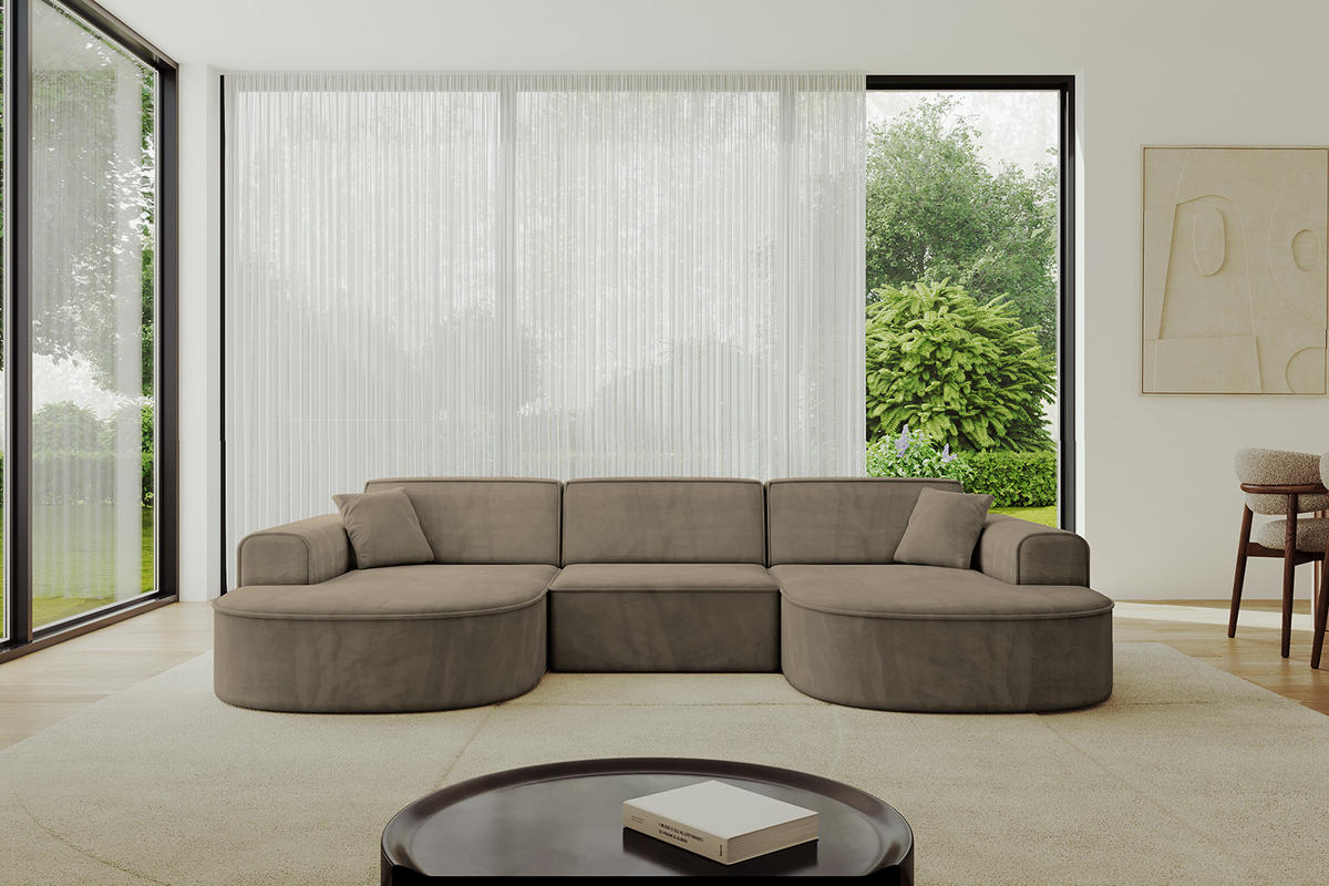 WOHNLANDSCHAFT MARI-U1 - 303x171x79 cm Dunkelbraun Velours - Dunkelbraun/Schwarz, Holzwerkstoff/Kunststoff (303/79/171cm) - ALTDECOR