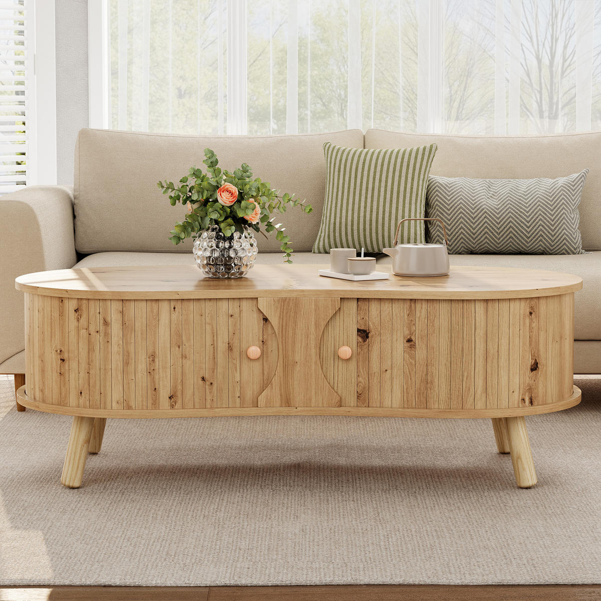 COUCHTISCH organisch Rillenoptik 2 Schiebetüren - Naturfarben, Holz (50/108/37cm) - LEBENLANG