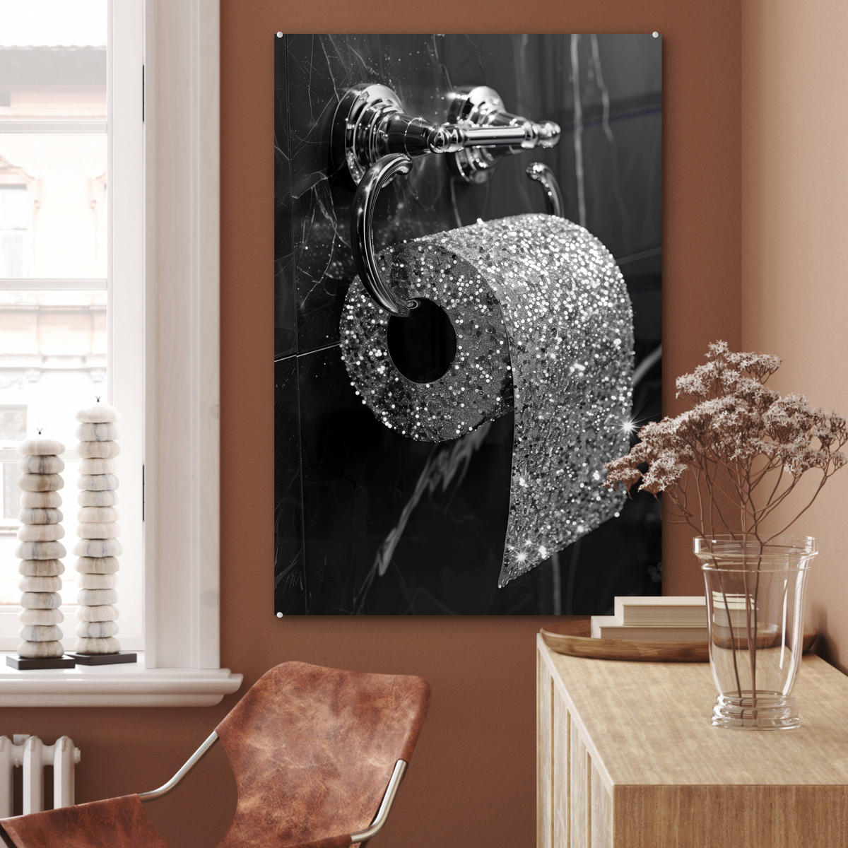 ACRYLGLASBILD WC - Toilettenpapier - Schwarz und weiß - Glitter 60x90 cm - Silberfarben, Glas (60/90cm) - MuchoWow