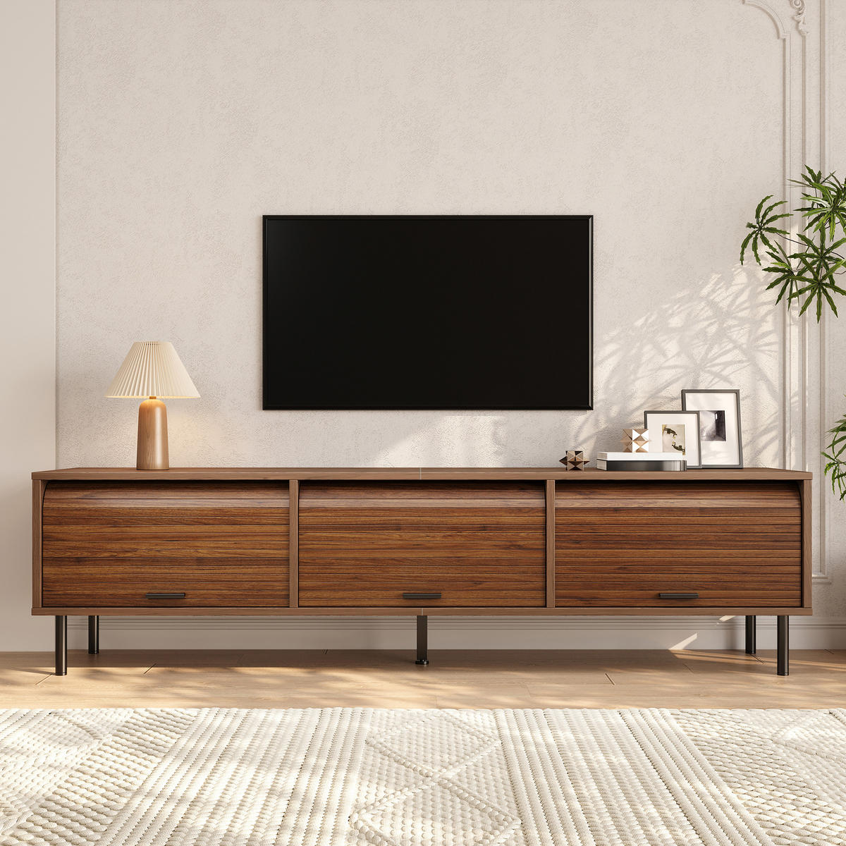 TV-LOWBOARD 180 x 40 x 55 cm aus MDF, 3 Schiebetüren, schwarze Metallfüße, Walnuss - Walnussfarben, Holzwerkstoff (180/55/40cm)