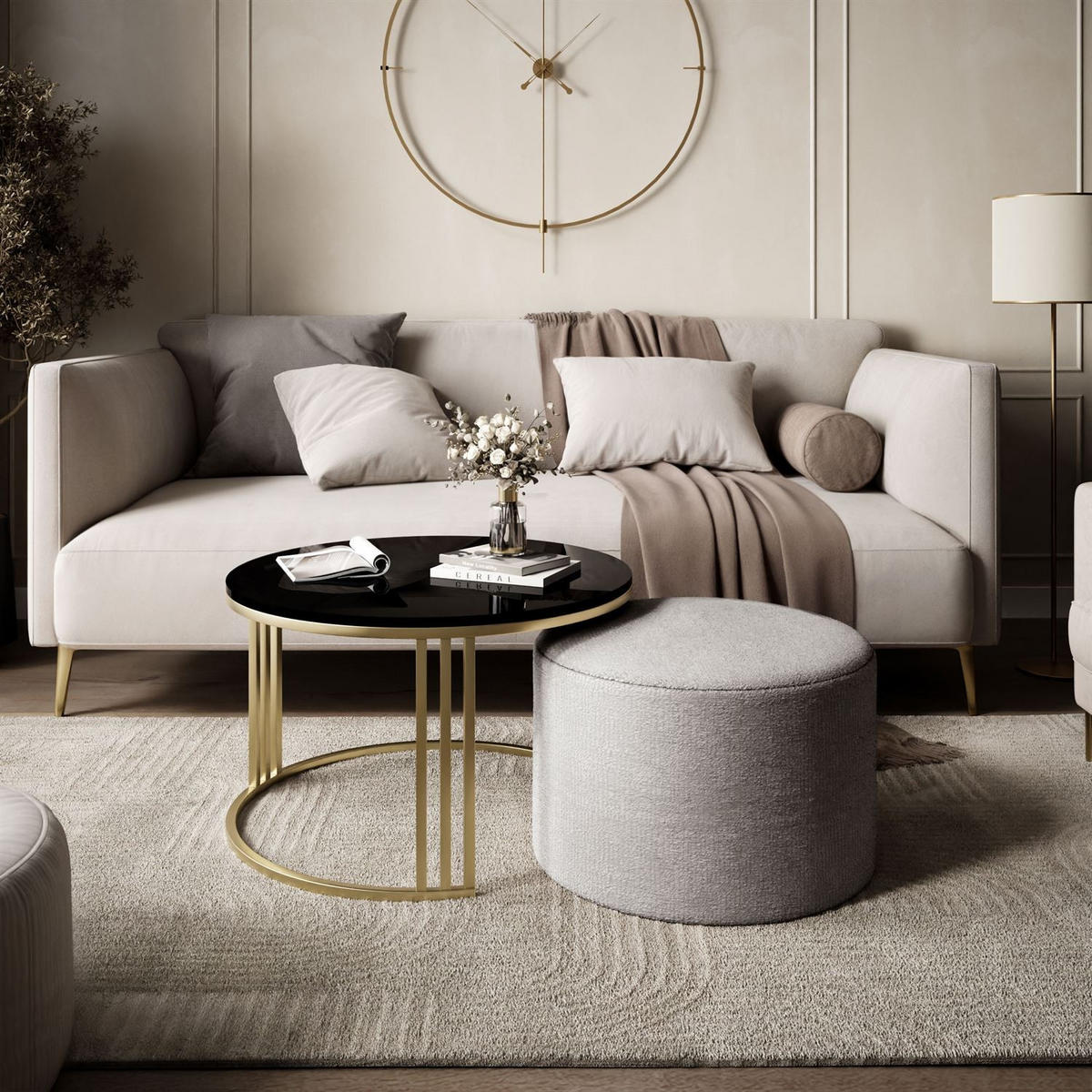 COUCHTISCH mit Hocker LORI Hochglanz gebürstetes Gold/Schwarz glänzend/Perfect Harmony 82 - Weiß, Metall (70/70/49cm) - Lookway