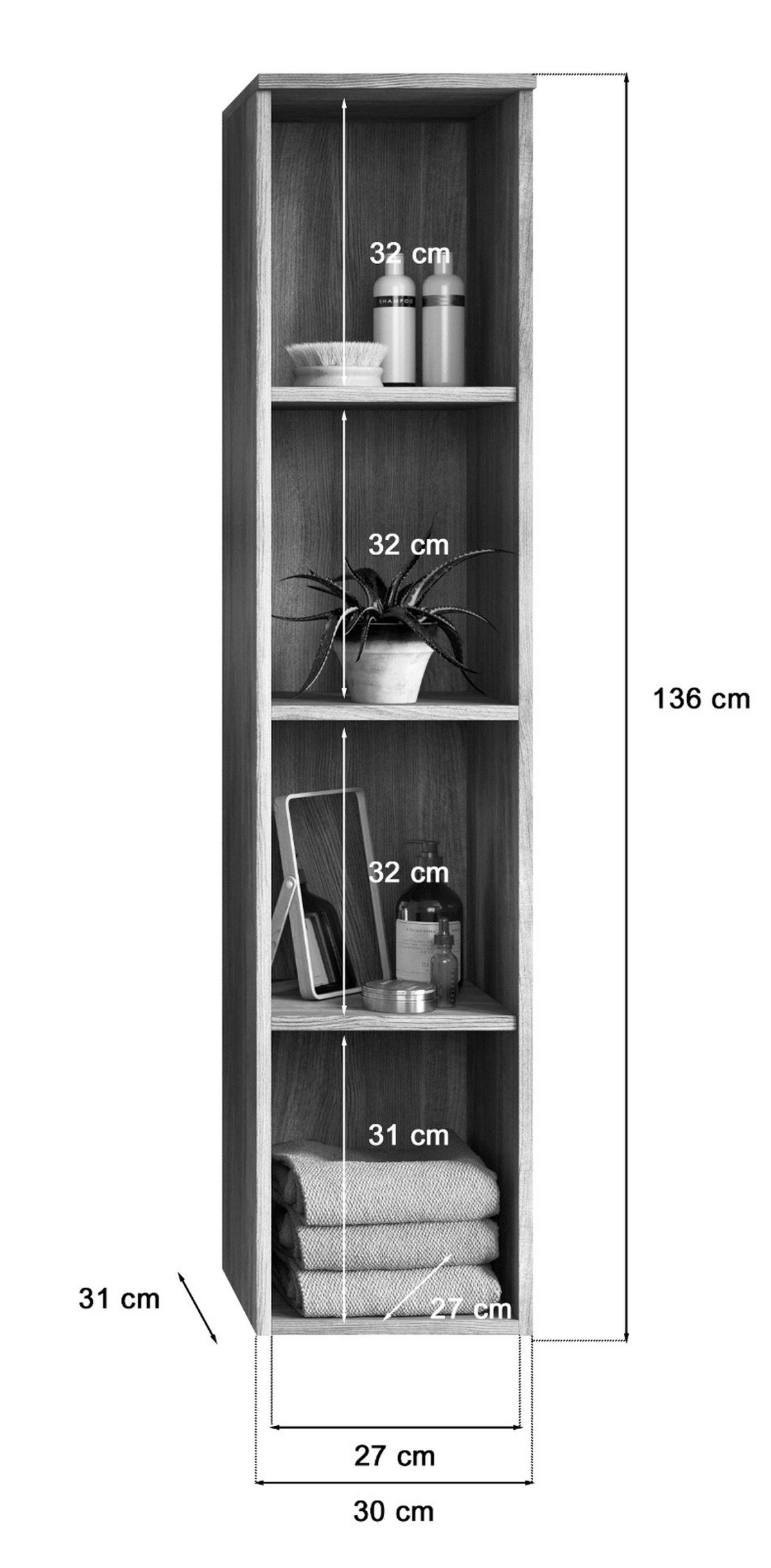 HÄNGEREGAL grau Rauchsilber 30 cm, Badezimmerregal mit 4 Fächern - Grau, Holzwerkstoff (30/136/31cm) - Inn.Furn