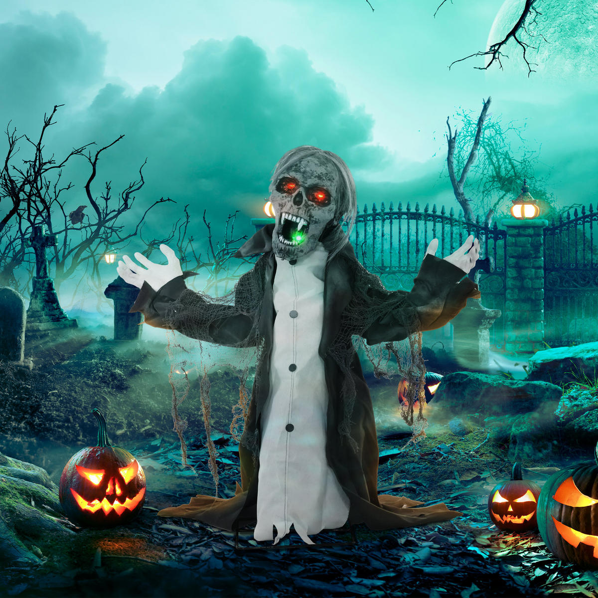 HALLOWEENDEKO DE-42074 Bewegliches Skelett/Zombie mit LED und Sound 75 cm - Dunkelgrau, Metall (102/75/32cm) - ComfortXL
