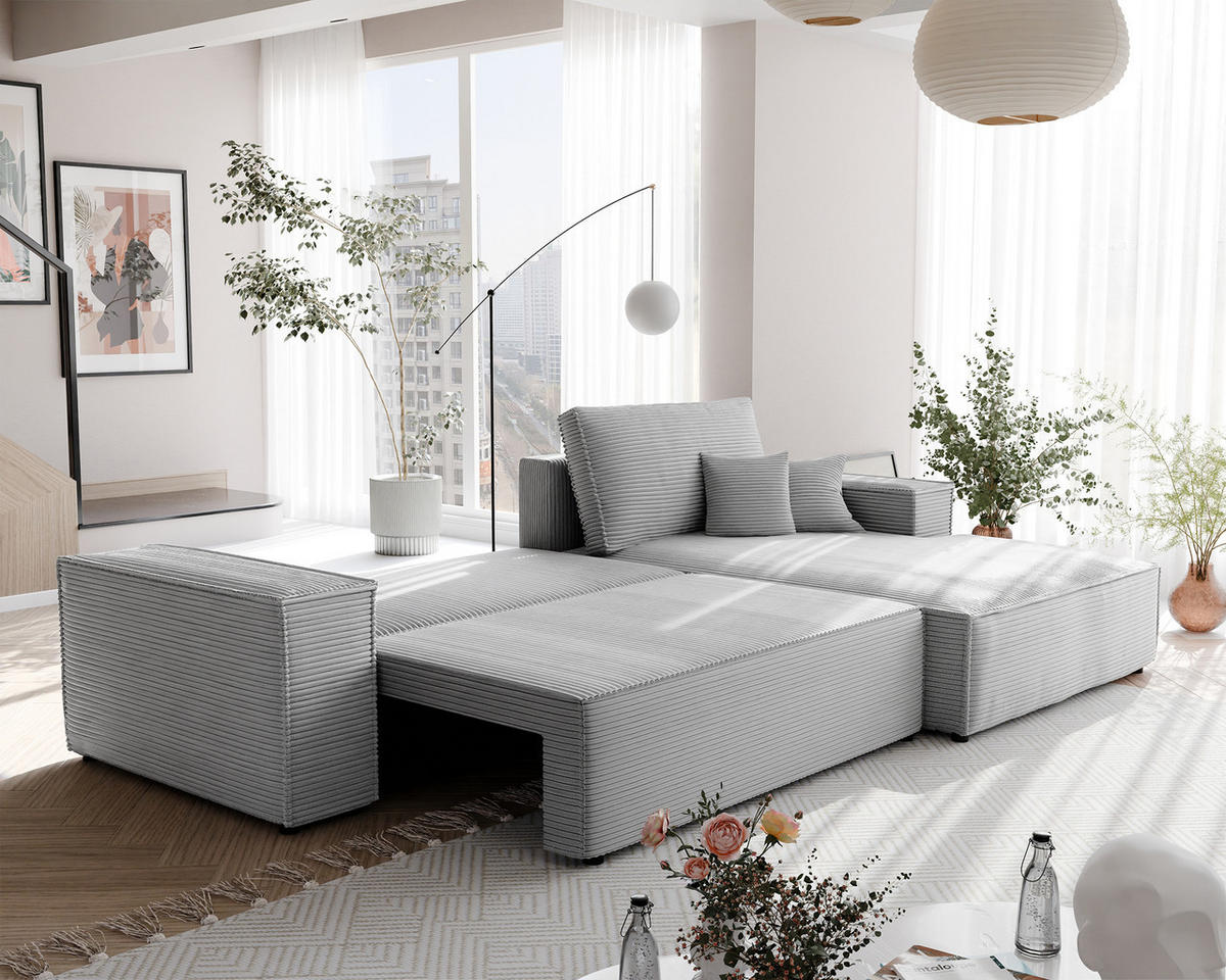 ECKSOFA NOVA mit Schlaffunktion und Bettkasten Hellgrau - Hellgrau, Holzwerkstoff/Kunststoff (250/90cm) - Idohome