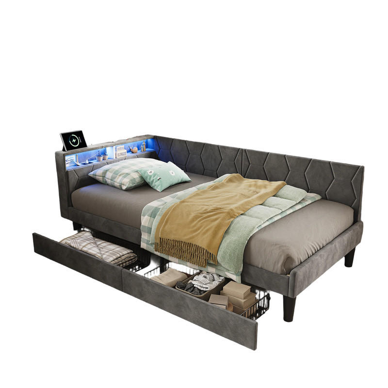 POLSTERBETT 90x200cm grau Samt, Schubladen, Stauraum, LED, USB-C - Grau, Holz