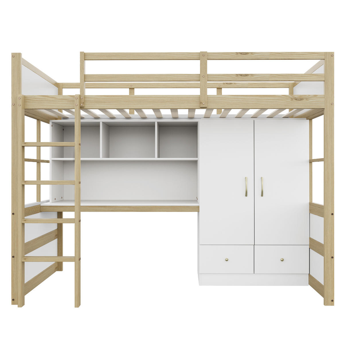 HOCHBETT aus Kiefernholz 90x200 cm Natur mit Schreibtisch, Kleiderschrank und Schubladen - Naturfarben, Holz (90/200cm) - IVMEU
